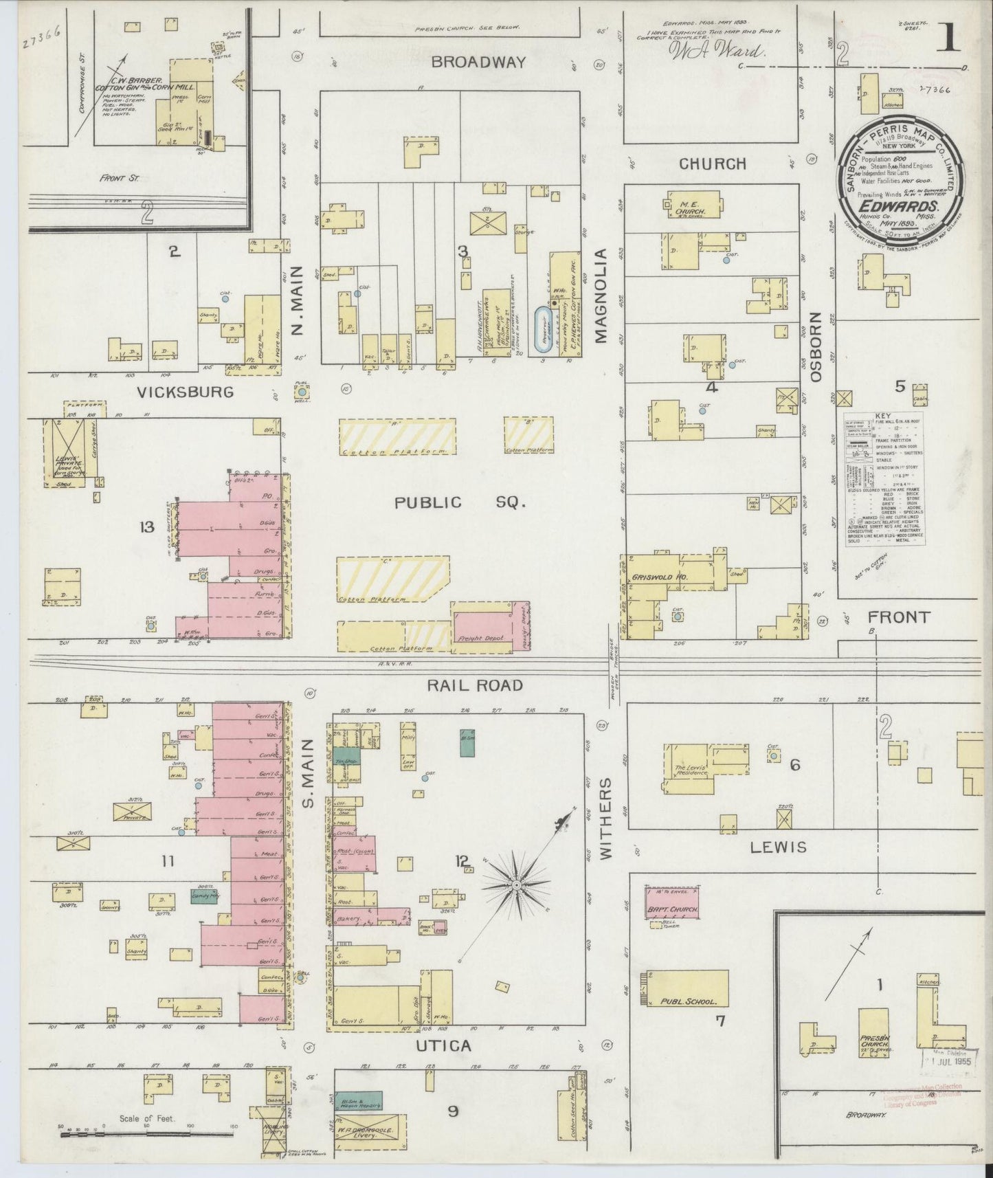 Sanborn Fire Insurance Map from Edwards, Hinds County, Mississippi (1893), Sheet #0001 - Complete Map Set gallery image, historic Sanborn map, vintage wall art, Mississippi Mississippi