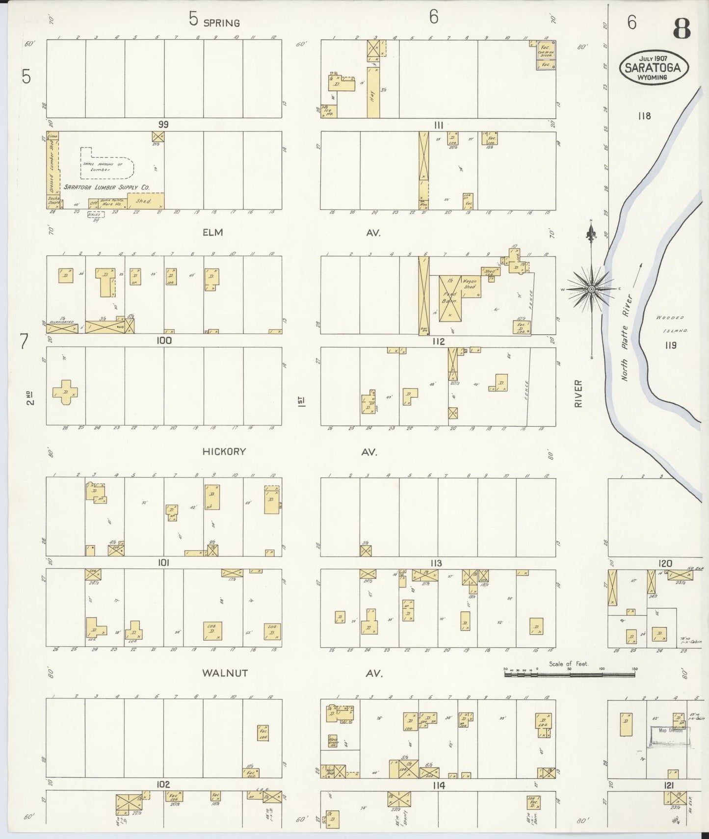 Sanborn Fire Insurance Map from Saratoga, Carbon County, Wyoming (1907), Sheet #0008 - Historic Sanborn Fire Insurance Map Print, vintage old map wall art, antique decor, genealogy gift, Wyoming Wyoming map