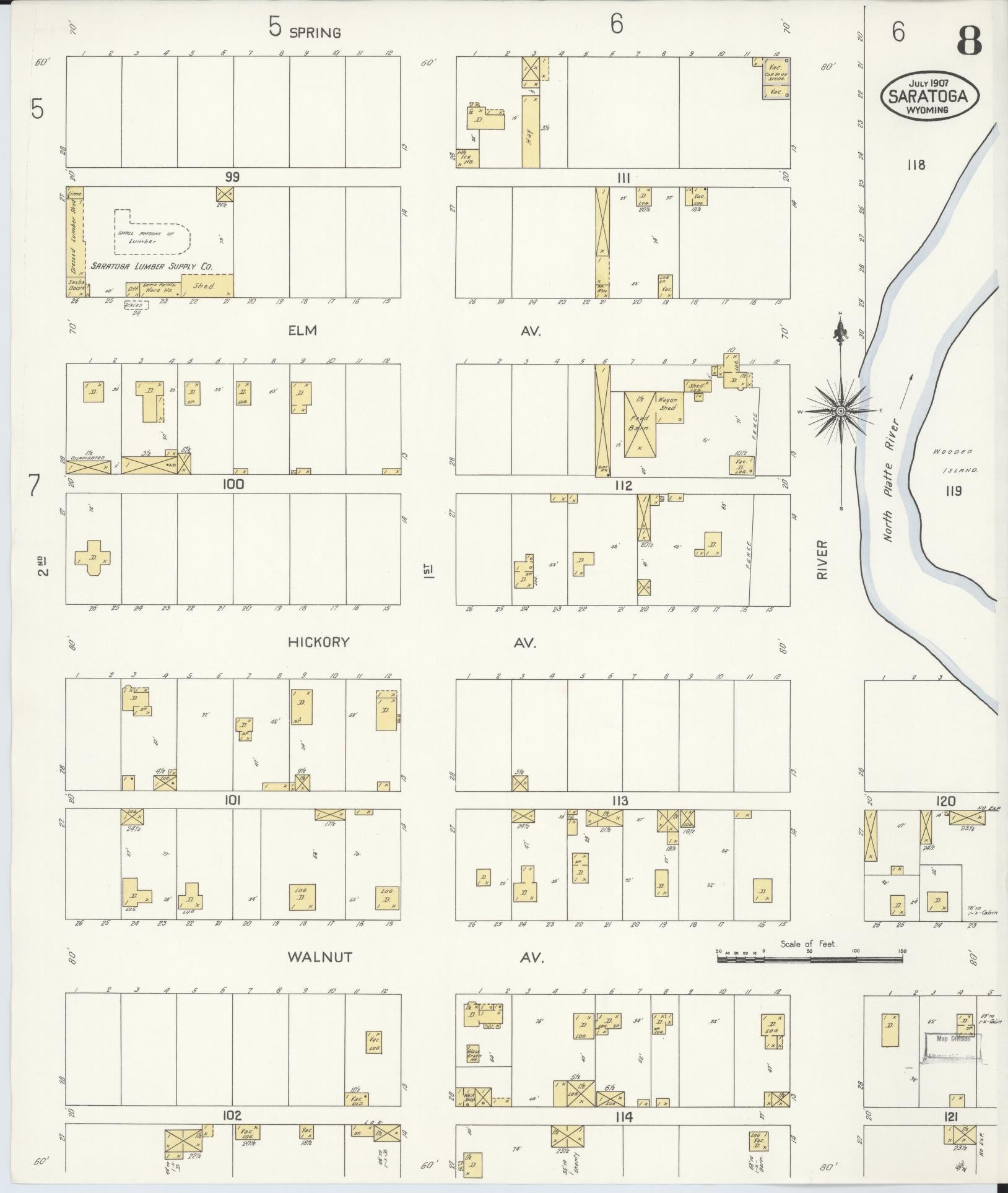 Sanborn Fire Insurance Map from Saratoga, Carbon County, Wyoming (1907), Sheet #0008 - Historic Sanborn Fire Insurance Map Print, vintage old map wall art, antique decor, genealogy gift, Wyoming Wyoming map