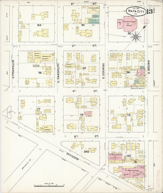 Sanborn Fire Insurance Map from Napa, Napa County, California (1891), Sheet #0013 - Historic Sanborn Fire Insurance Map Print, vintage old map wall art, antique decor, genealogy gift, California California map