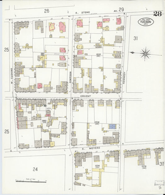 Sanborn Fire Insurance Map from Tucson, Pima County, Arizona (1909), Sheet #0028 - Historic Sanborn Fire Insurance Map Print, vintage old map wall art, antique decor, genealogy gift, Arizona Arizona map