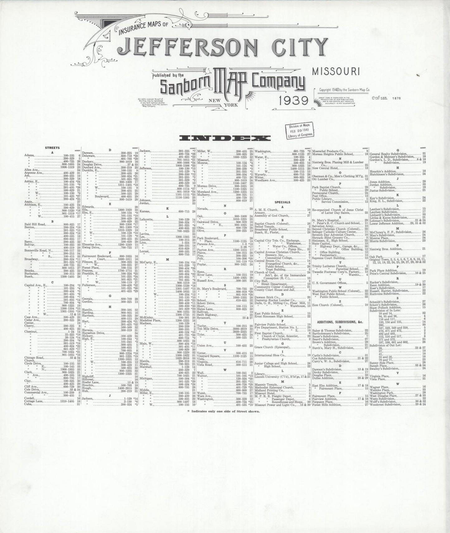 Sanborn Fire Insurance Map from Jefferson City, Cole County, Missouri. (1939) – Historic Sanborn Fire Insurance Map Print