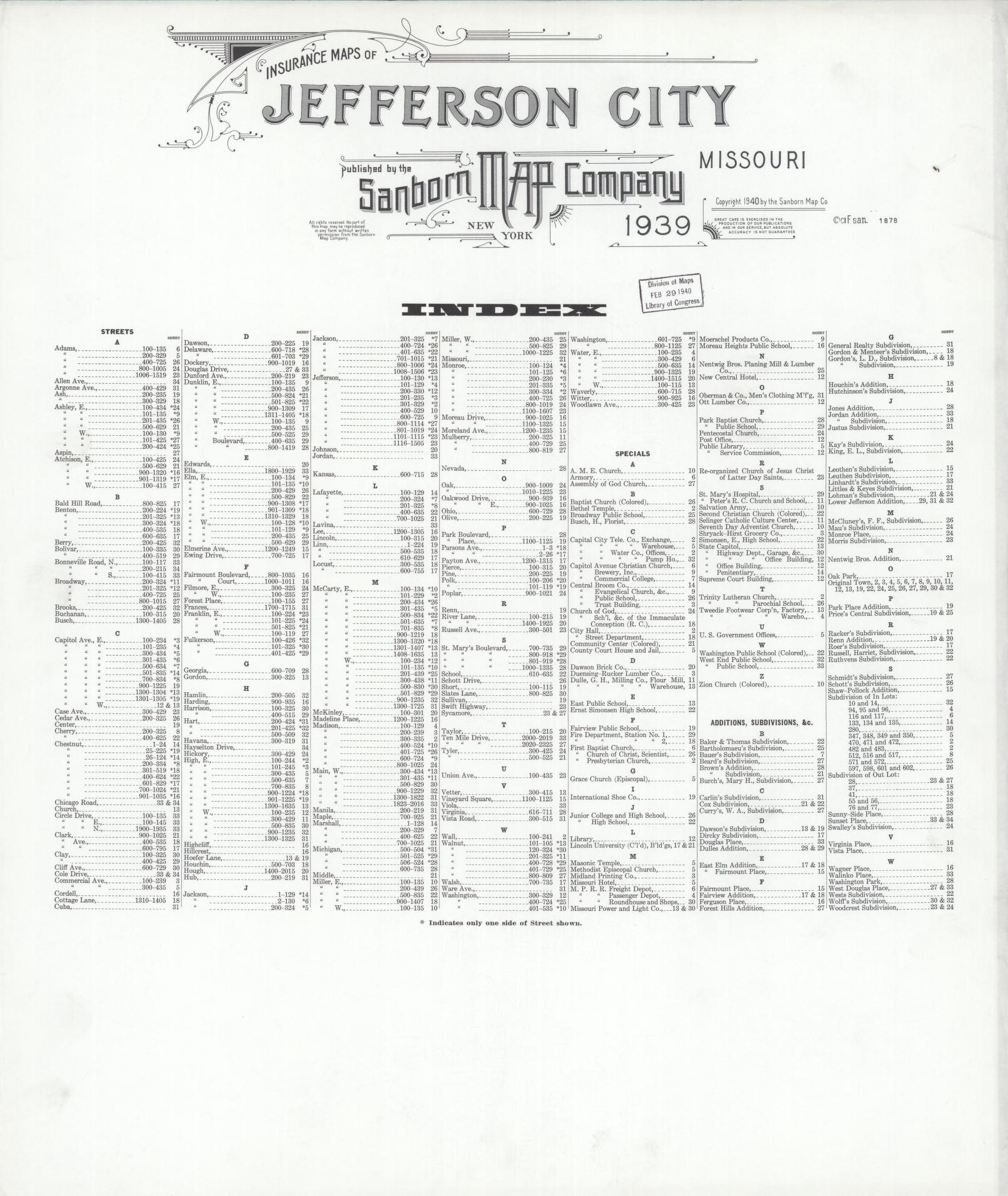 Sanborn Fire Insurance Map from Jefferson City, Cole County, Missouri. (1939) – Historic Sanborn Fire Insurance Map Print