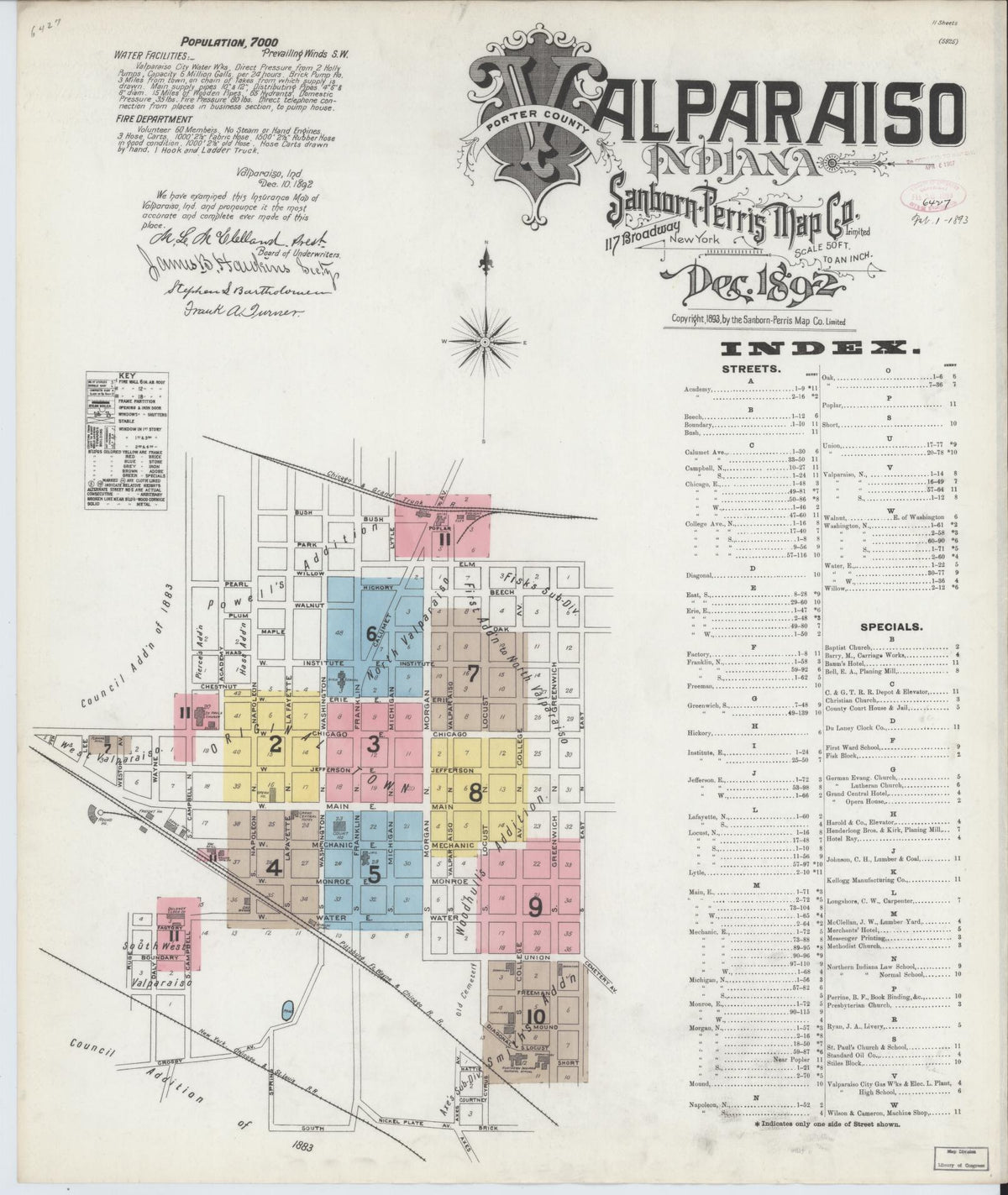 Sanborn Fire Insurance Map from Valparaiso, Porter County, Indiana (1892), Sheet #0001 - Historic Sanborn Fire Insurance Map Print, vintage old map wall art, antique decor, genealogy gift, Indiana Indiana map