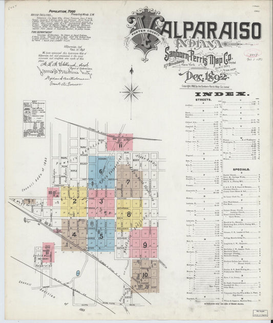 Sanborn Fire Insurance Map from Valparaiso, Porter County, Indiana (1892), Sheet #0001 - Historic Sanborn Fire Insurance Map Print, vintage old map wall art, antique decor, genealogy gift, Indiana Indiana map