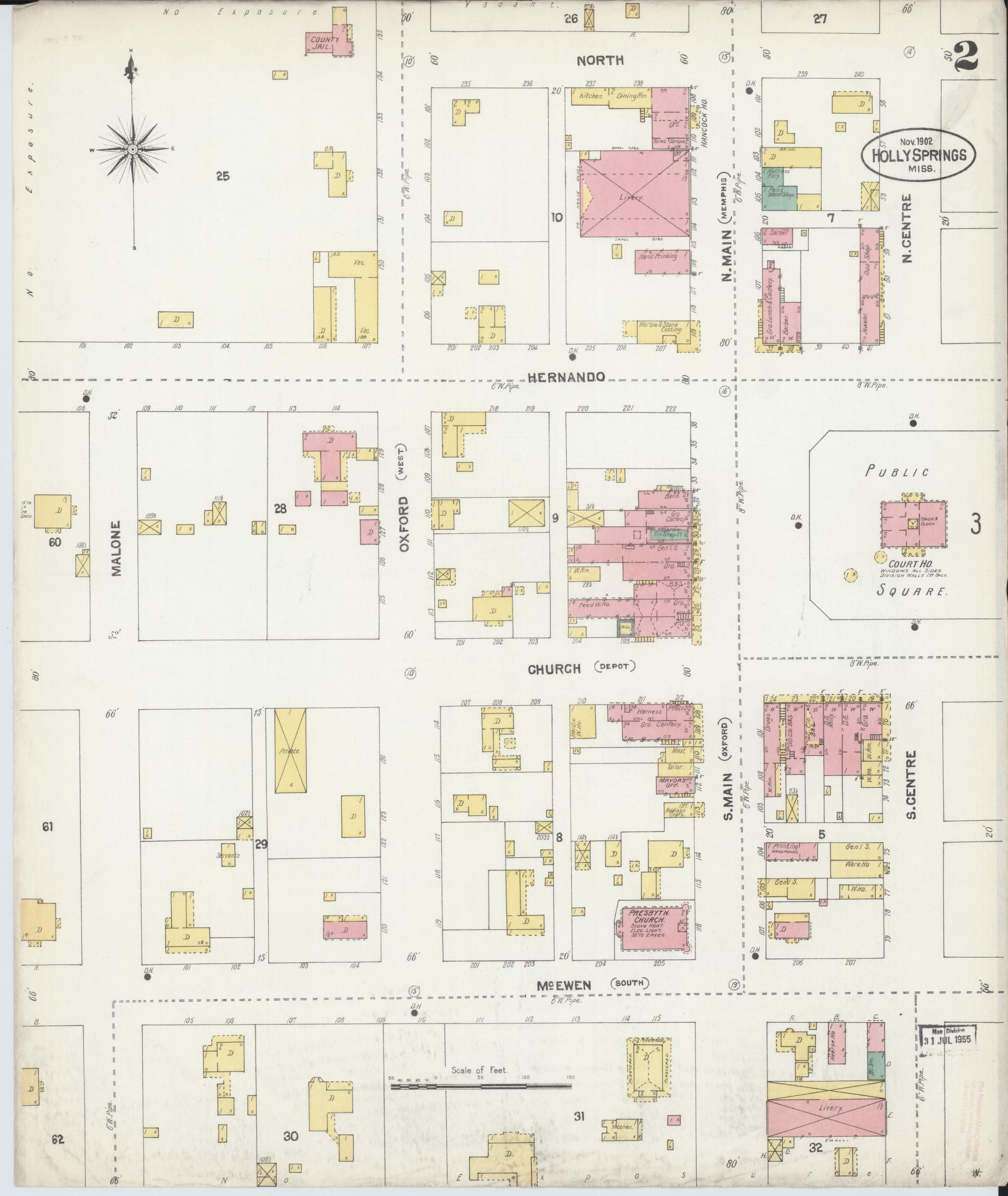 Sanborn Fire Insurance Map from Holly Springs, Marshall County, Mississippi (1902), Sheet #0002 - Complete Map Set gallery image, historic Sanborn map, vintage wall art, Mississippi Mississippi