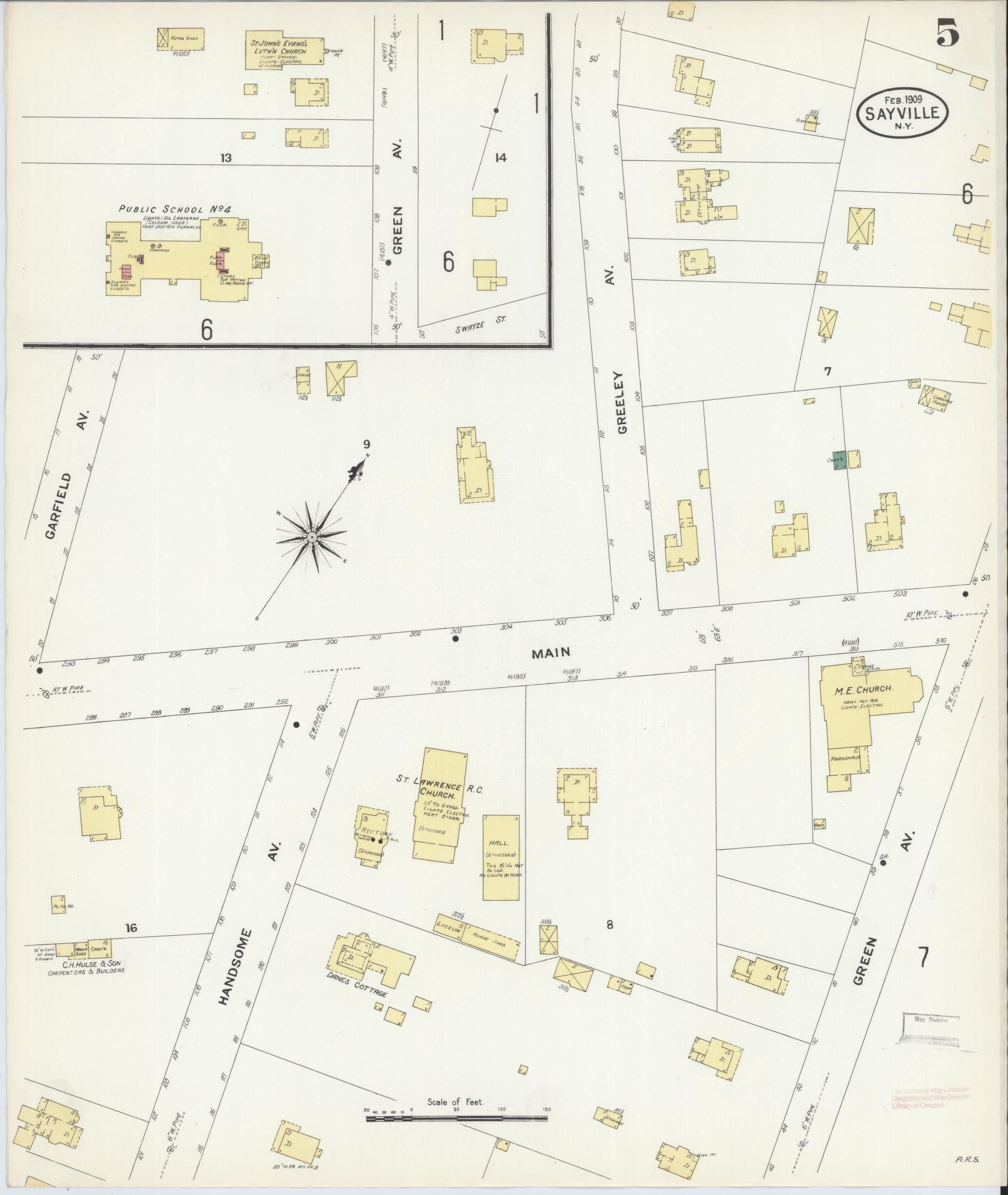 Sanborn Fire Insurance Map from Sayville, Suffolk County, New York (1909), Sheet #0005 - Historic Sanborn Fire Insurance Map Print, vintage old map wall art, antique decor, genealogy gift, New York New York map