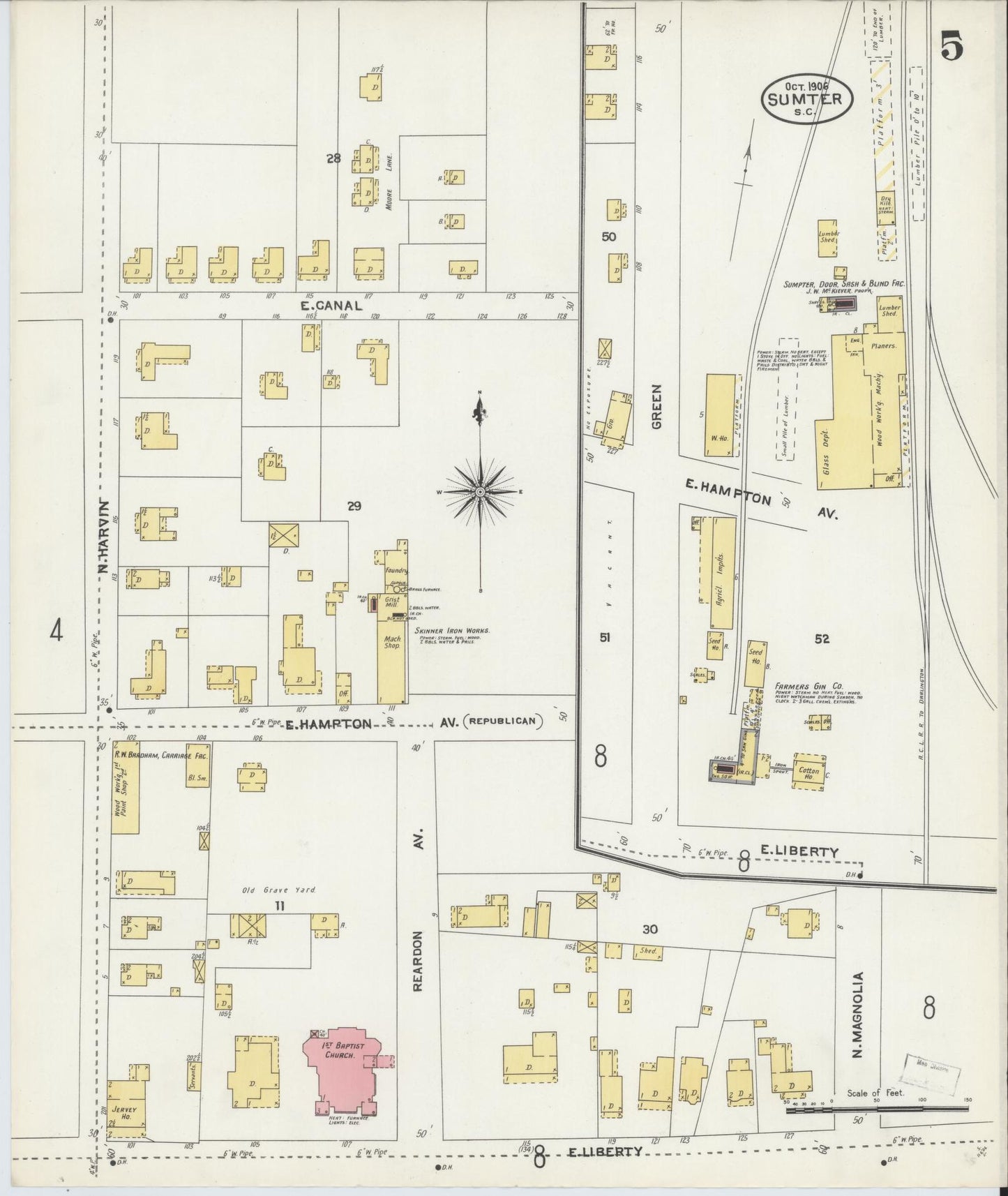 Sanborn Fire Insurance Map from Sumter, Sumter County, South Carolina (1906), Sheet #0005 - Historic Sanborn Fire Insurance Map Print, vintage old map wall art, antique decor, genealogy gift, South Carolina South Carolina map