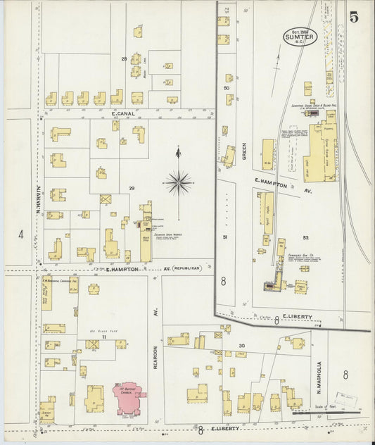 Sanborn Fire Insurance Map from Sumter, Sumter County, South Carolina (1906), Sheet #0005 - Historic Sanborn Fire Insurance Map Print, vintage old map wall art, antique decor, genealogy gift, South Carolina South Carolina map