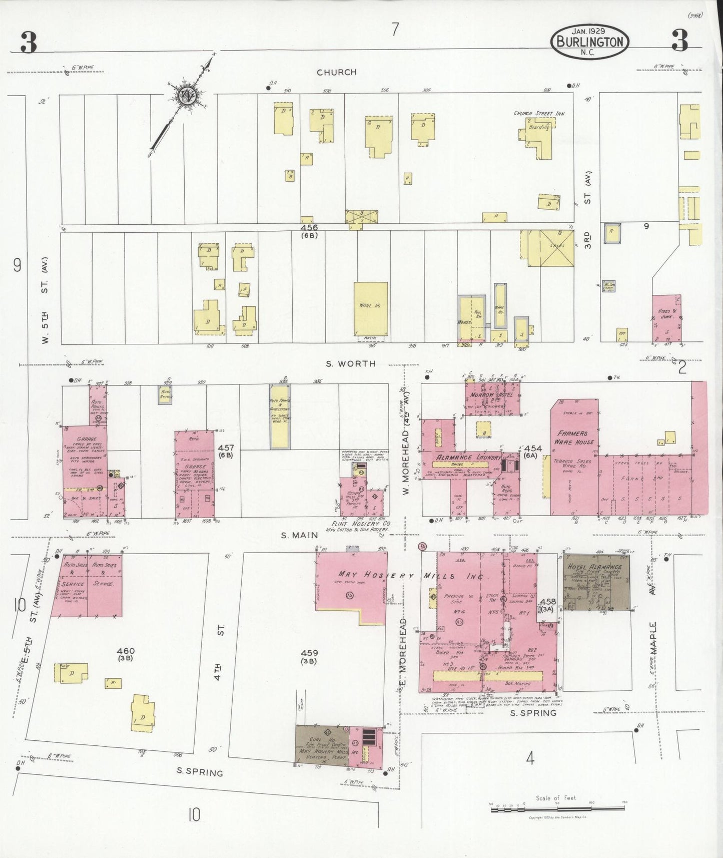 Sanborn Fire Insurance Map from Burlington, Alamance County, North Carolina (1929), Sheet #0003 - Historic Sanborn Fire Insurance Map Print, vintage old map wall art, antique decor, genealogy gift, North Carolina North Carolina map
