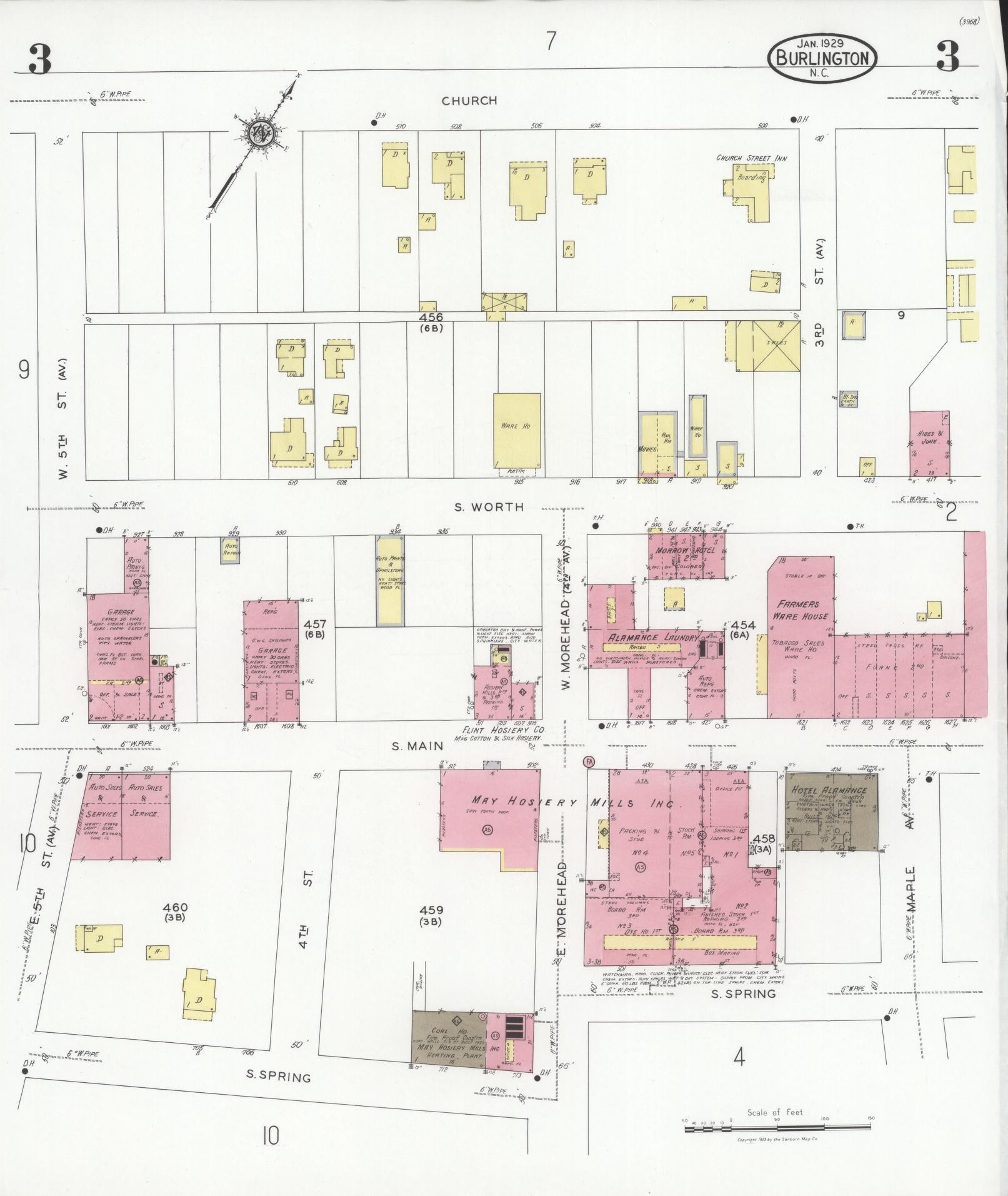 Sanborn Fire Insurance Map from Burlington, Alamance County, North Carolina (1929), Sheet #0003 - Historic Sanborn Fire Insurance Map Print, vintage old map wall art, antique decor, genealogy gift, North Carolina North Carolina map