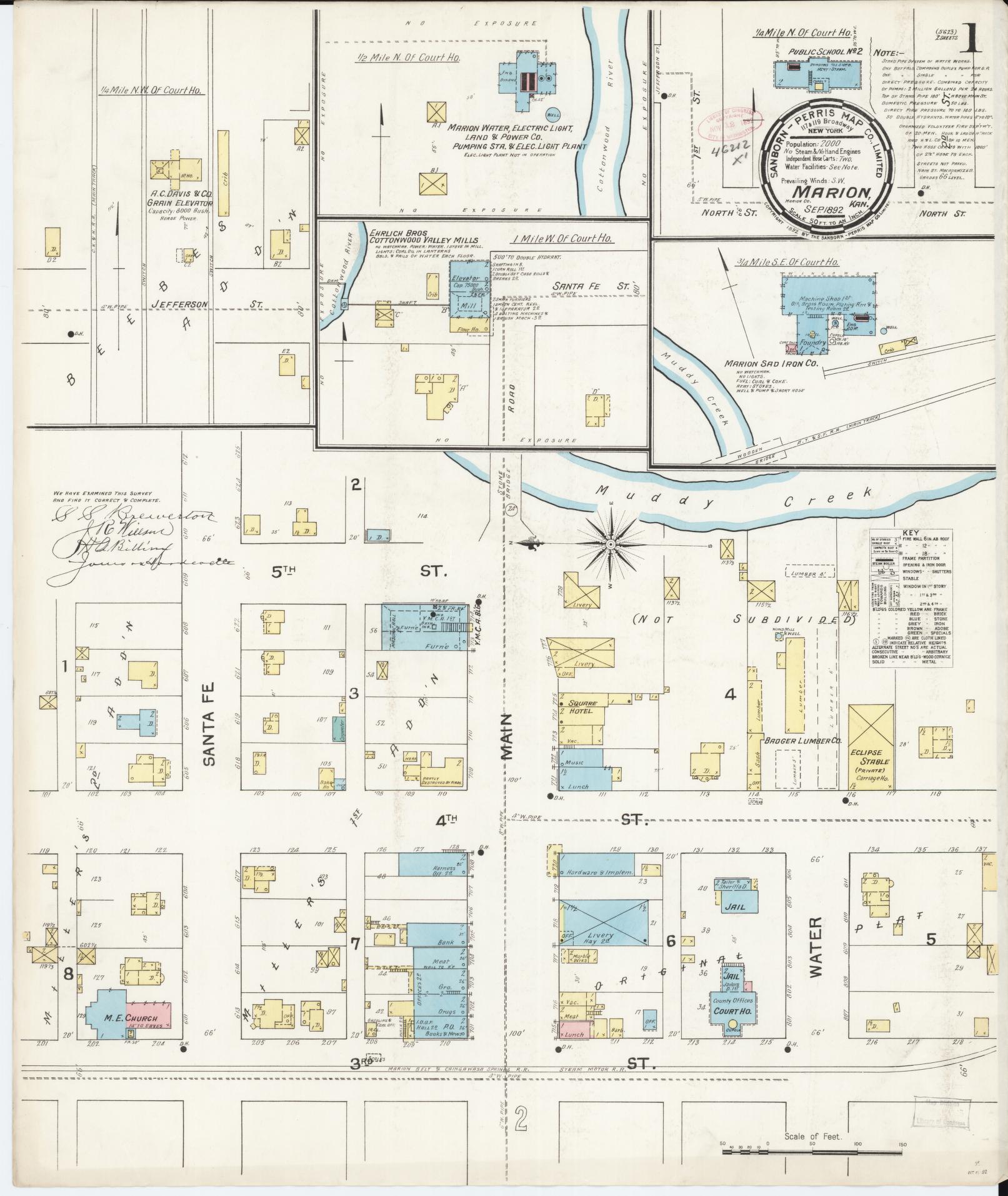 Sanborn Fire Insurance Map from Marion, Marion County, Kansas (1892), Sheet #0001 - Historic Sanborn Fire Insurance Map Print, vintage old map wall art, antique decor, genealogy gift, Kansas Kansas map