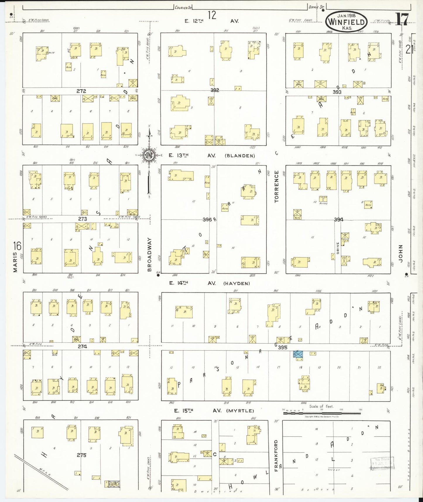 Sanborn Fire Insurance Map from Winfield, Cowley County, Kansas (1918), Sheet #0017 - Historic Sanborn Fire Insurance Map Print, vintage old map wall art, antique decor, genealogy gift, Kansas Kansas map