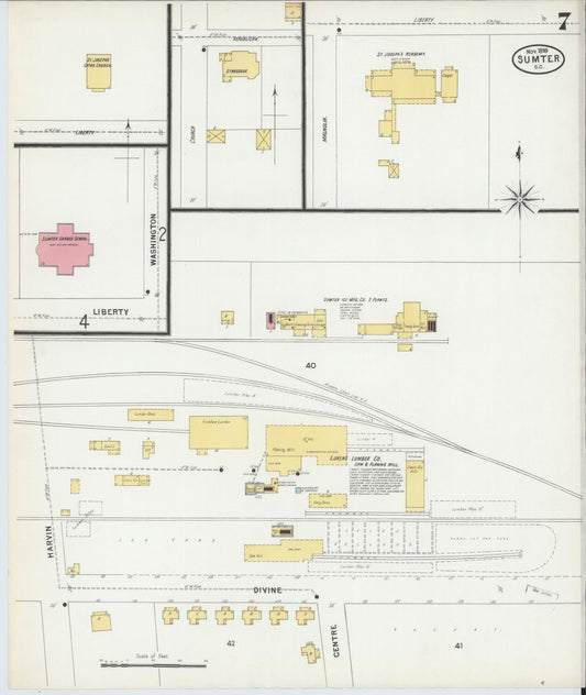 Sanborn Fire Insurance Map from Sumter, Sumter County, South Carolina (1899), Sheet #0007 - Historic Sanborn Fire Insurance Map Print, vintage old map wall art, antique decor, genealogy gift, South Carolina South Carolina map