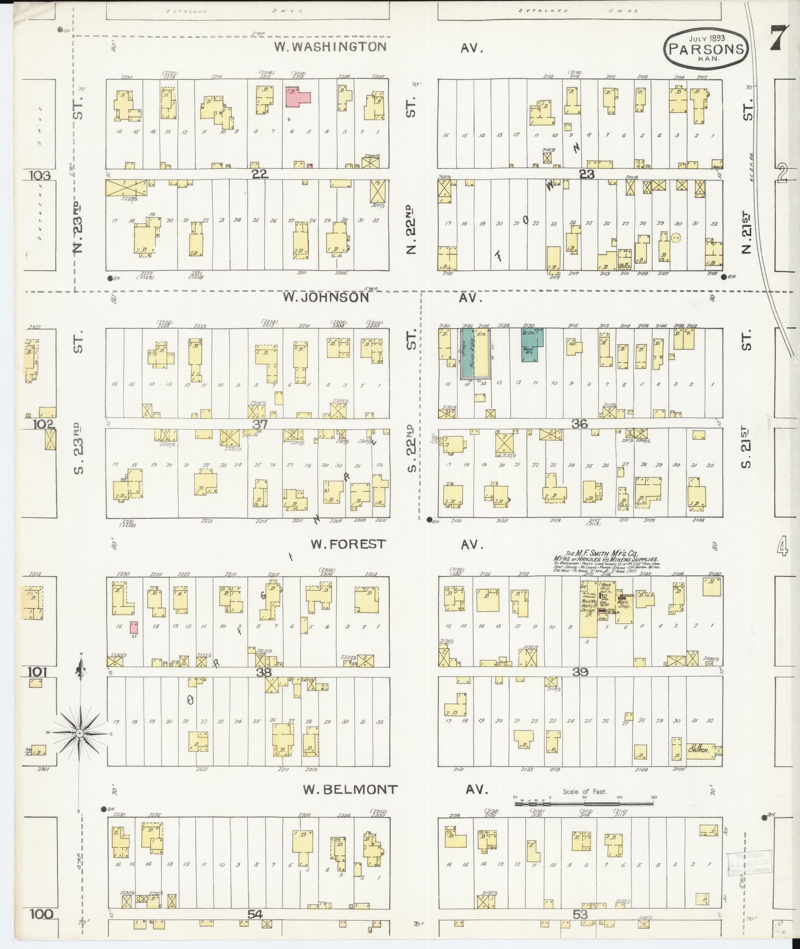Sanborn Fire Insurance Map from Parsons, Labette County, Kansas (1893), Sheet #0007 - Historic Sanborn Fire Insurance Map Print, vintage old map wall art, antique decor, genealogy gift, Kansas Kansas map