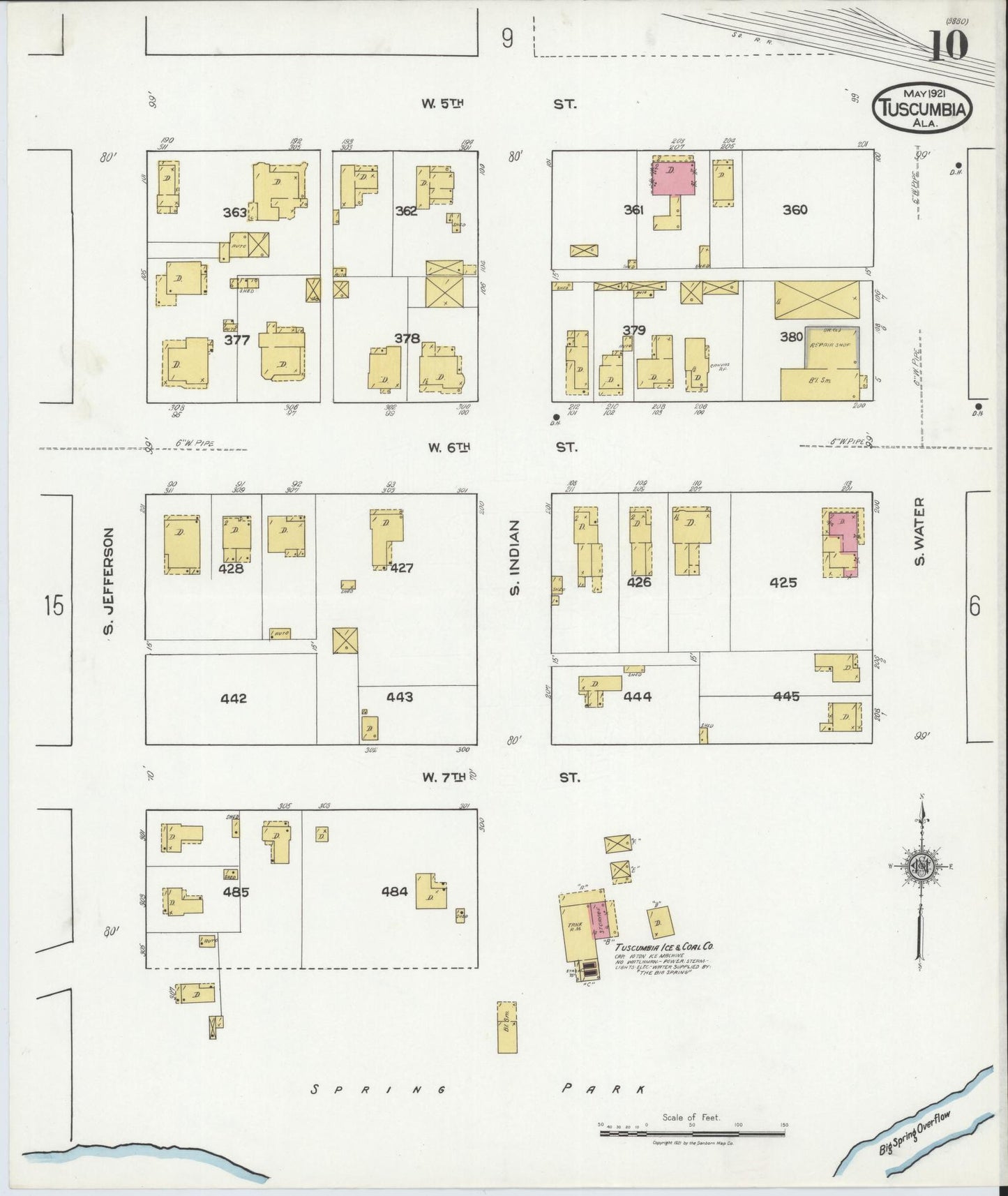Sanborn Fire Insurance Map from Tuscumbia, Colbert County, Alabama (1921), Sheet #0010 - Complete Map Set gallery image, historic Sanborn map, vintage wall art, Alabama Alabama