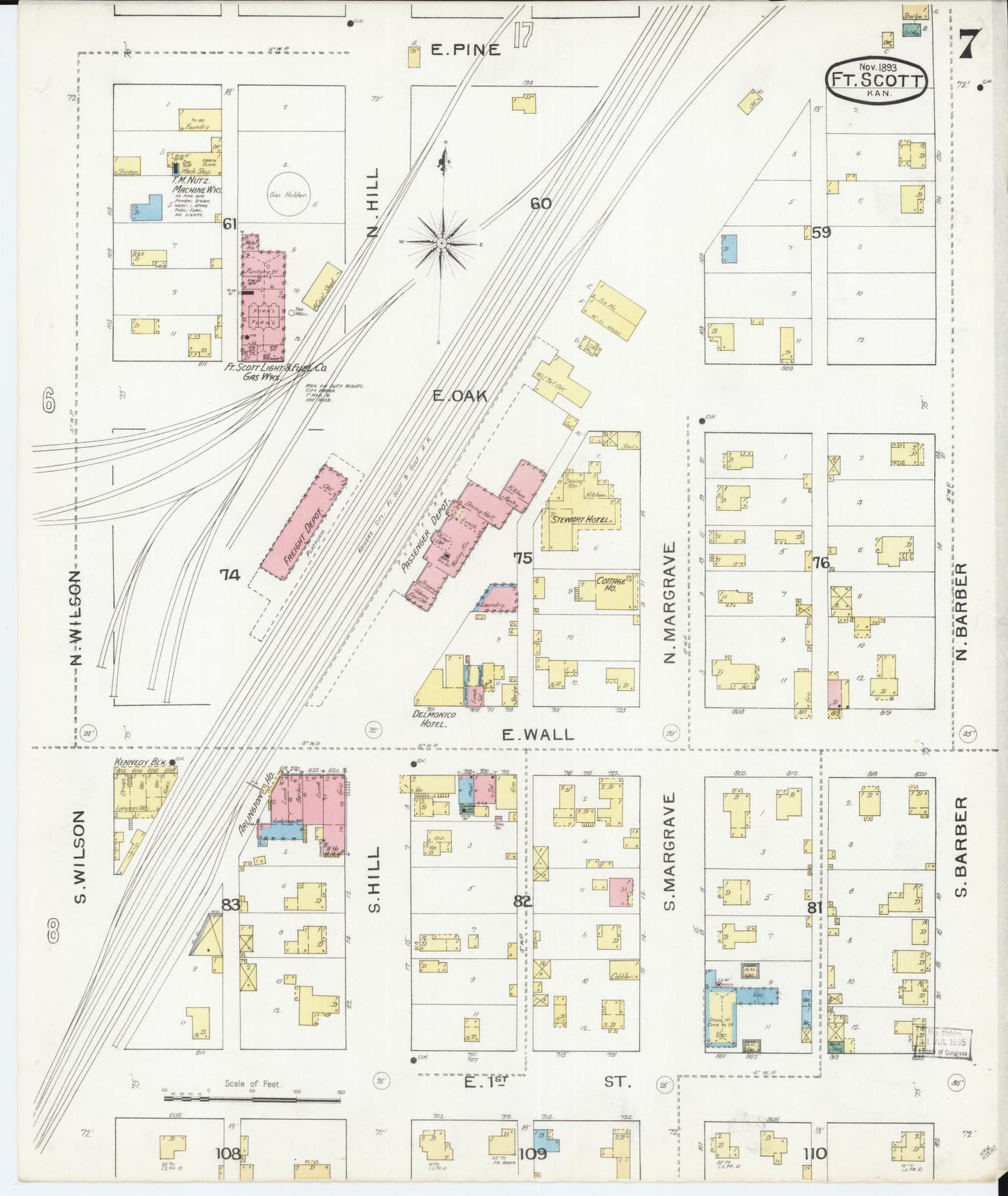 Sanborn Fire Insurance Map from Fort Scott, Bourbon County, Kansas (1893), Sheet #0007 - Historic Sanborn Fire Insurance Map Print, vintage old map wall art, antique decor, genealogy gift, Kansas Kansas map