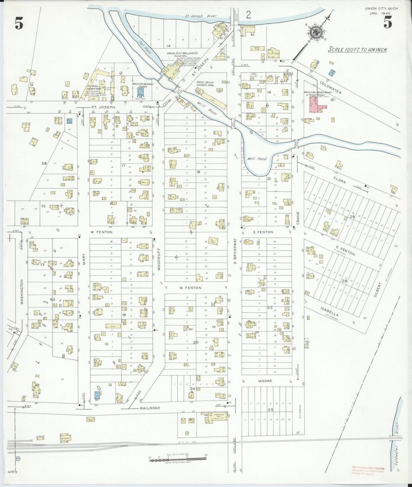 Sanborn Fire Insurance Map from Union City, Branch And Calhoun Counties, Michigan (1940), Sheet #0005 - Historic Sanborn Fire Insurance Map Print, vintage old map wall art, antique decor, genealogy gift, Michigan Michigan map