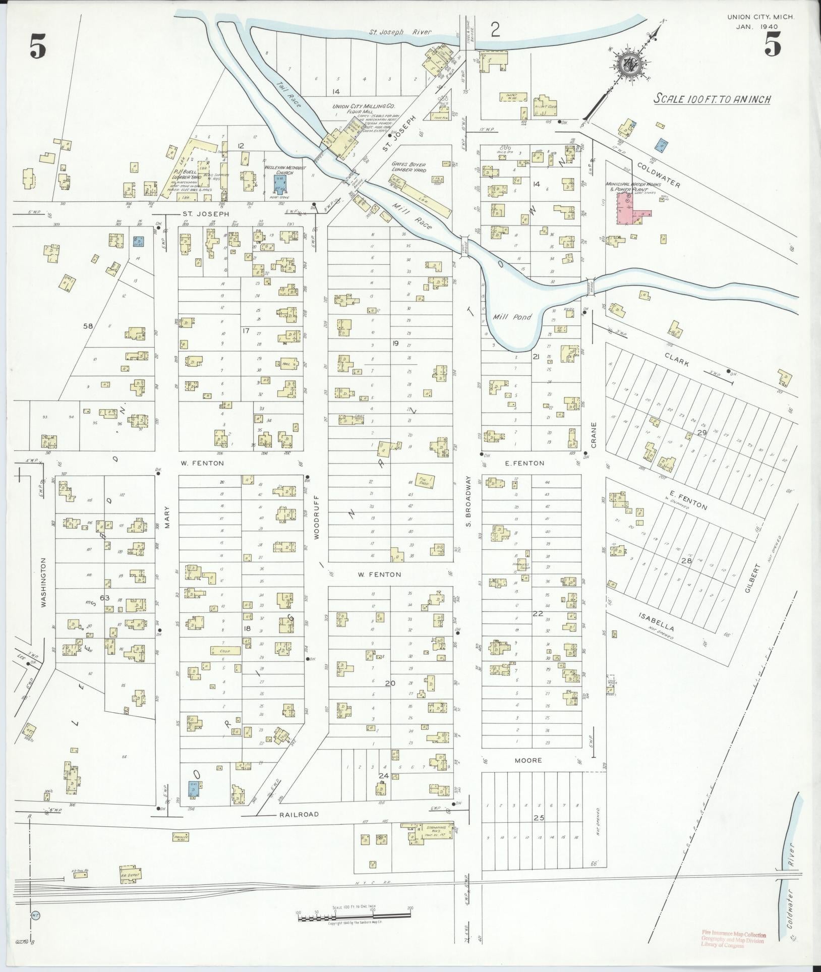 Sanborn Fire Insurance Map from Union City, Branch And Calhoun Counties, Michigan (1940), Sheet #0005 - Historic Sanborn Fire Insurance Map Print, vintage old map wall art, antique decor, genealogy gift, Michigan Michigan map