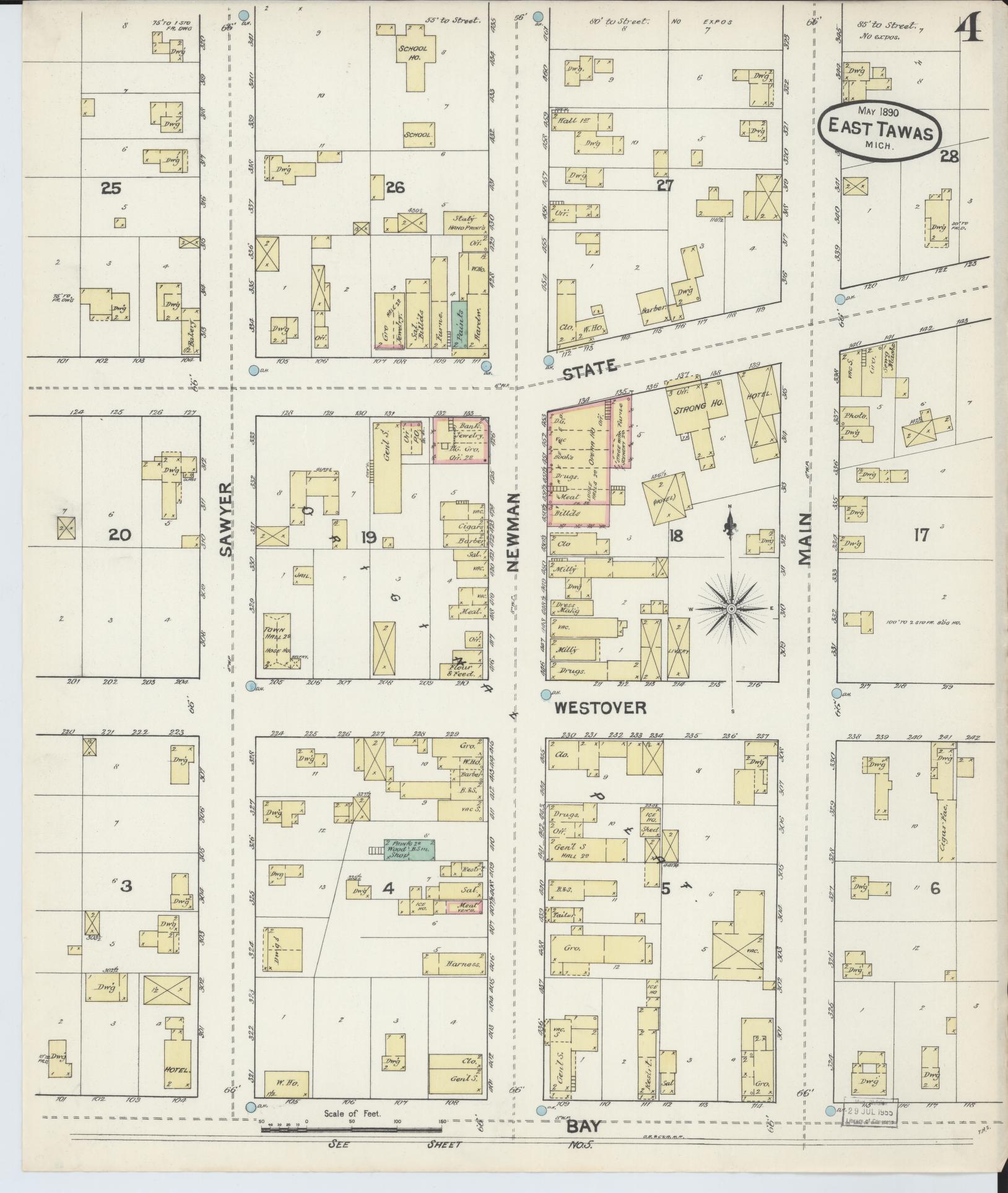 Sanborn Fire Insurance Map from East Tawas, Iosco County, Michigan (1890), Sheet #0004 - Historic Sanborn Fire Insurance Map Print, vintage old map wall art, antique decor, genealogy gift, Michigan Michigan map