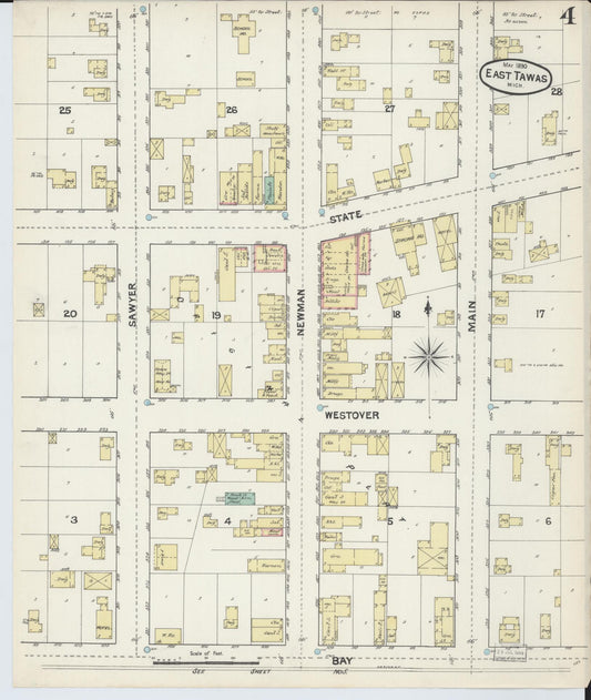 Sanborn Fire Insurance Map from East Tawas, Iosco County, Michigan (1890), Sheet #0004 - Historic Sanborn Fire Insurance Map Print, vintage old map wall art, antique decor, genealogy gift, Michigan Michigan map