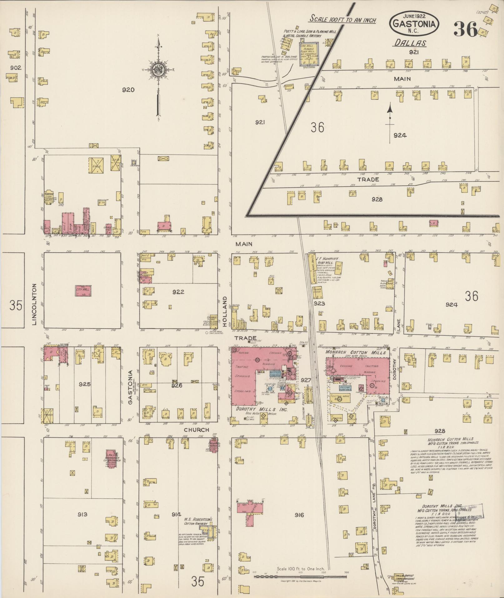 Sanborn Fire Insurance Map from Gastonia, Gaston County, North Carolina (1922), Sheet #0036 - Historic Sanborn Fire Insurance Map Print, vintage old map wall art, antique decor, genealogy gift, North Carolina North Carolina map