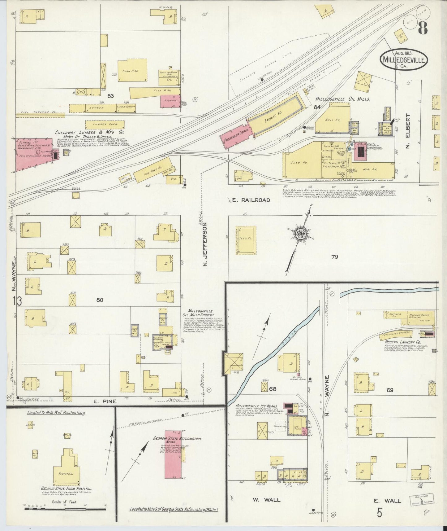 Sanborn Fire Insurance Map from Milledgeville, Baldwin County, Georgia (1913), Sheet #0008 - Historic Sanborn Fire Insurance Map Print, vintage old map wall art, antique decor, genealogy gift, Georgia Georgia map