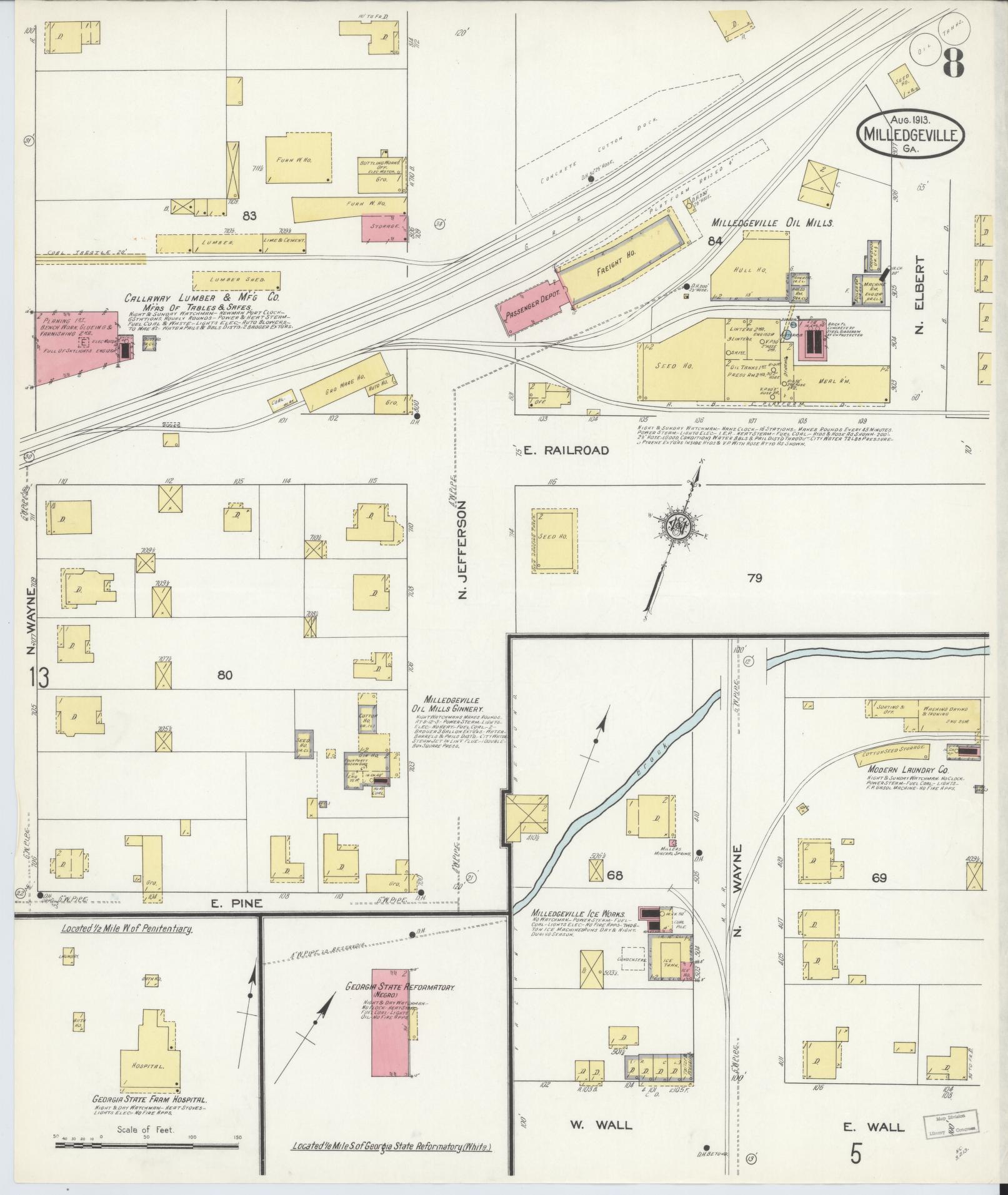 Sanborn Fire Insurance Map from Milledgeville, Baldwin County, Georgia (1913), Sheet #0008 - Historic Sanborn Fire Insurance Map Print, vintage old map wall art, antique decor, genealogy gift, Georgia Georgia map
