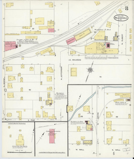 Sanborn Fire Insurance Map from Milledgeville, Baldwin County, Georgia (1913), Sheet #0008 - Historic Sanborn Fire Insurance Map Print, vintage old map wall art, antique decor, genealogy gift, Georgia Georgia map