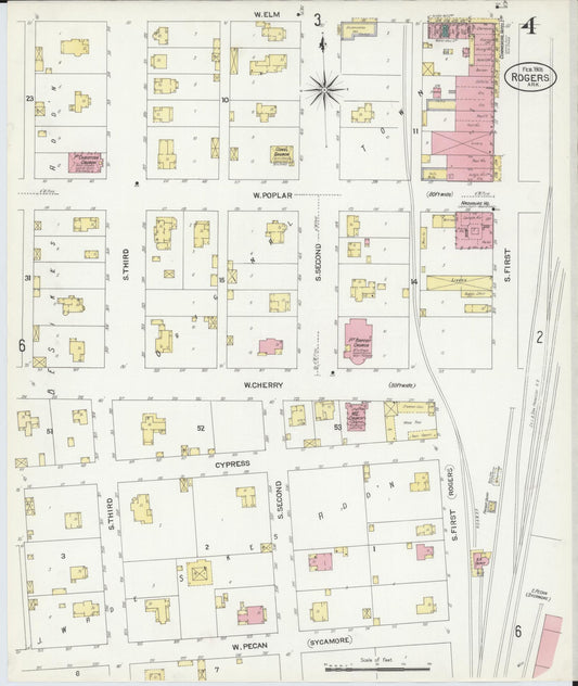 Sanborn Fire Insurance Map from Rogers, Benton County, Arkansas (1908), Sheet #0004 - Historic Sanborn Fire Insurance Map Print, vintage old map wall art, antique decor, genealogy gift, Arkansas Arkansas map