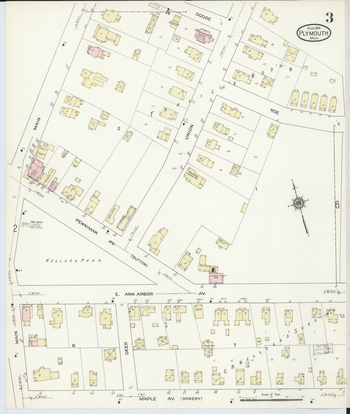 Sanborn Fire Insurance Map from Plymouth, Wayne County, Michigan (1914), Sheet #0003 - Complete Map Set gallery image, historic Sanborn map, vintage wall art, Michigan Michigan