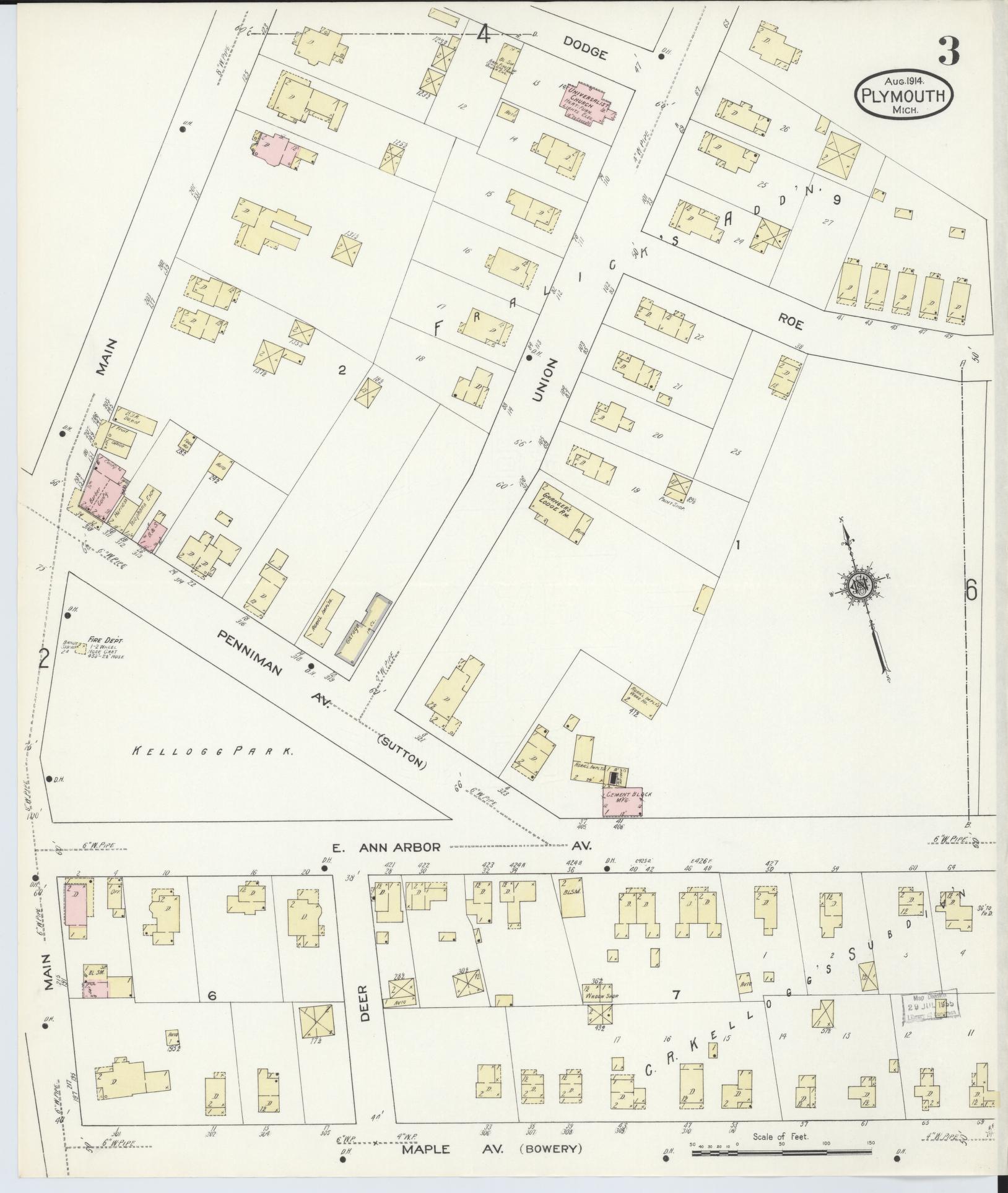 Sanborn Fire Insurance Map from Plymouth, Wayne County, Michigan (1914), Sheet #0003 - Complete Map Set gallery image, historic Sanborn map, vintage wall art, Michigan Michigan