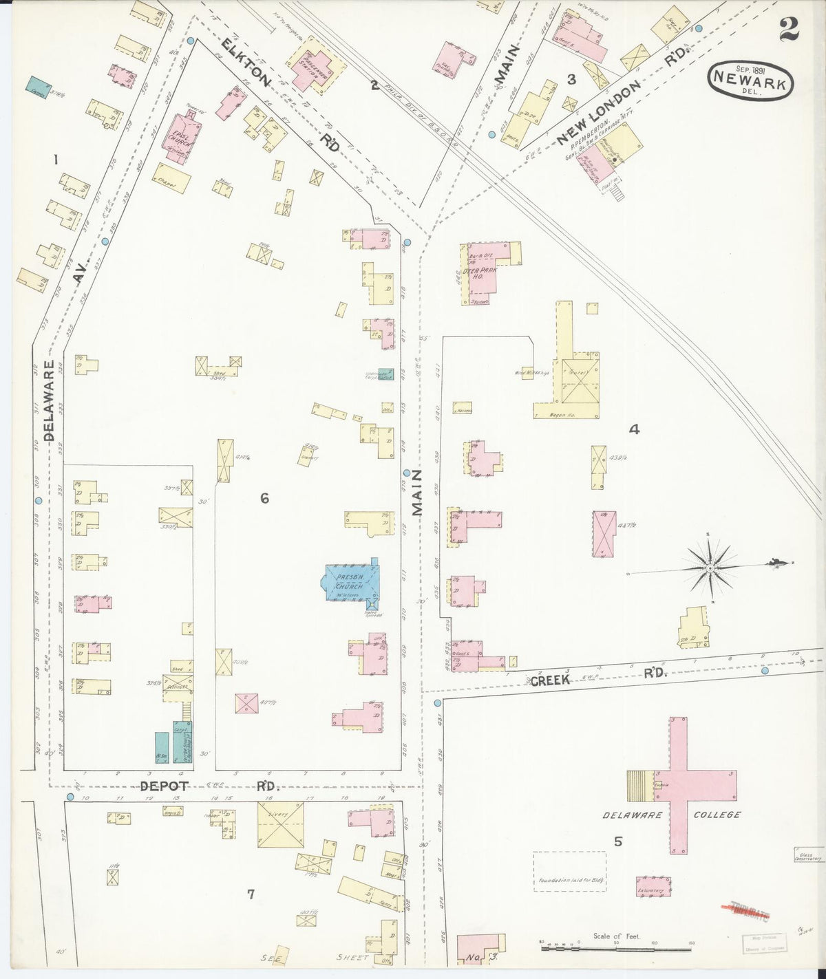 Sanborn Fire Insurance Map from Newark, New Castle County, Delaware (1891), Sheet #0002 - Historic Sanborn Fire Insurance Map Print, vintage old map wall art, antique decor, genealogy gift, Delaware Delaware map