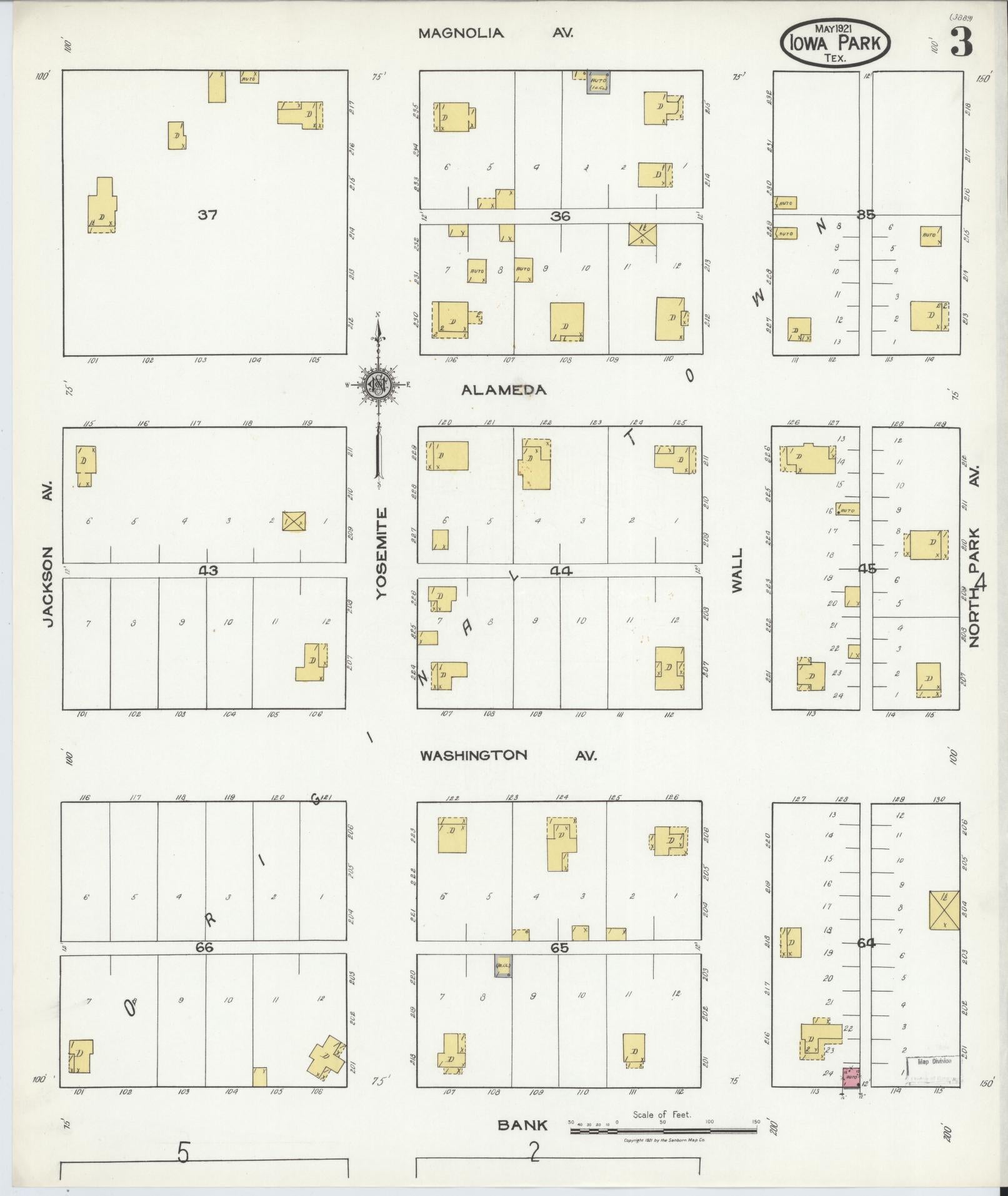 Sanborn Fire Insurance Map from Iowa Park, Wichita County, Texas (1921), Sheet #0003 - Historic Sanborn Fire Insurance Map Print, vintage old map wall art