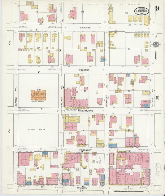 Sanborn Fire Insurance Map from Laredo, Webb County, Texas (1916), Sheet #0009 - Historic Sanborn Fire Insurance Map Print, vintage old map wall art, antique decor, genealogy gift, Texas Texas map