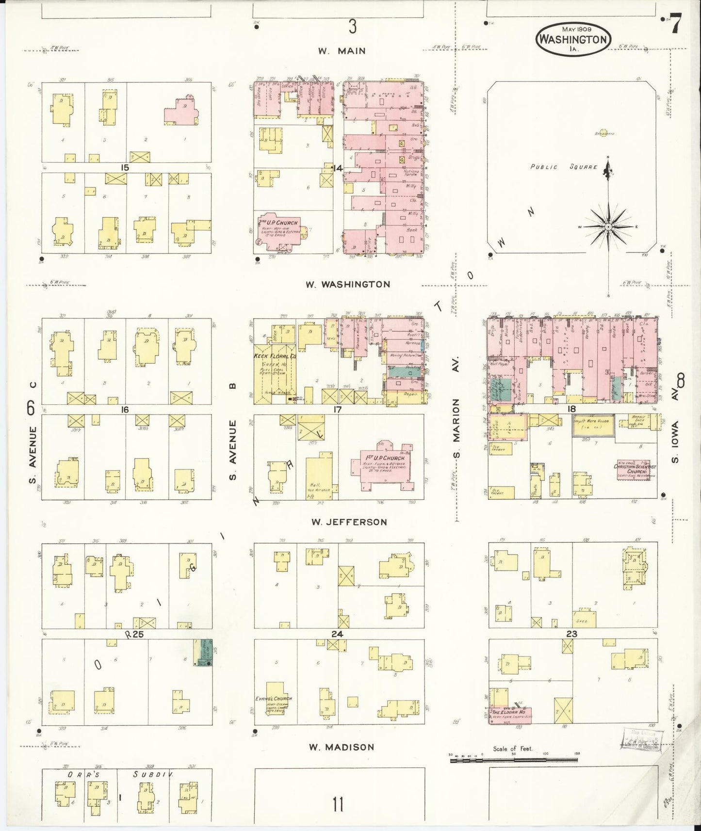 Sanborn Fire Insurance Map from Washington, Washington County, Iowa (1909), Sheet #0007 - Historic Sanborn Fire Insurance Map Print, vintage old map wall art
