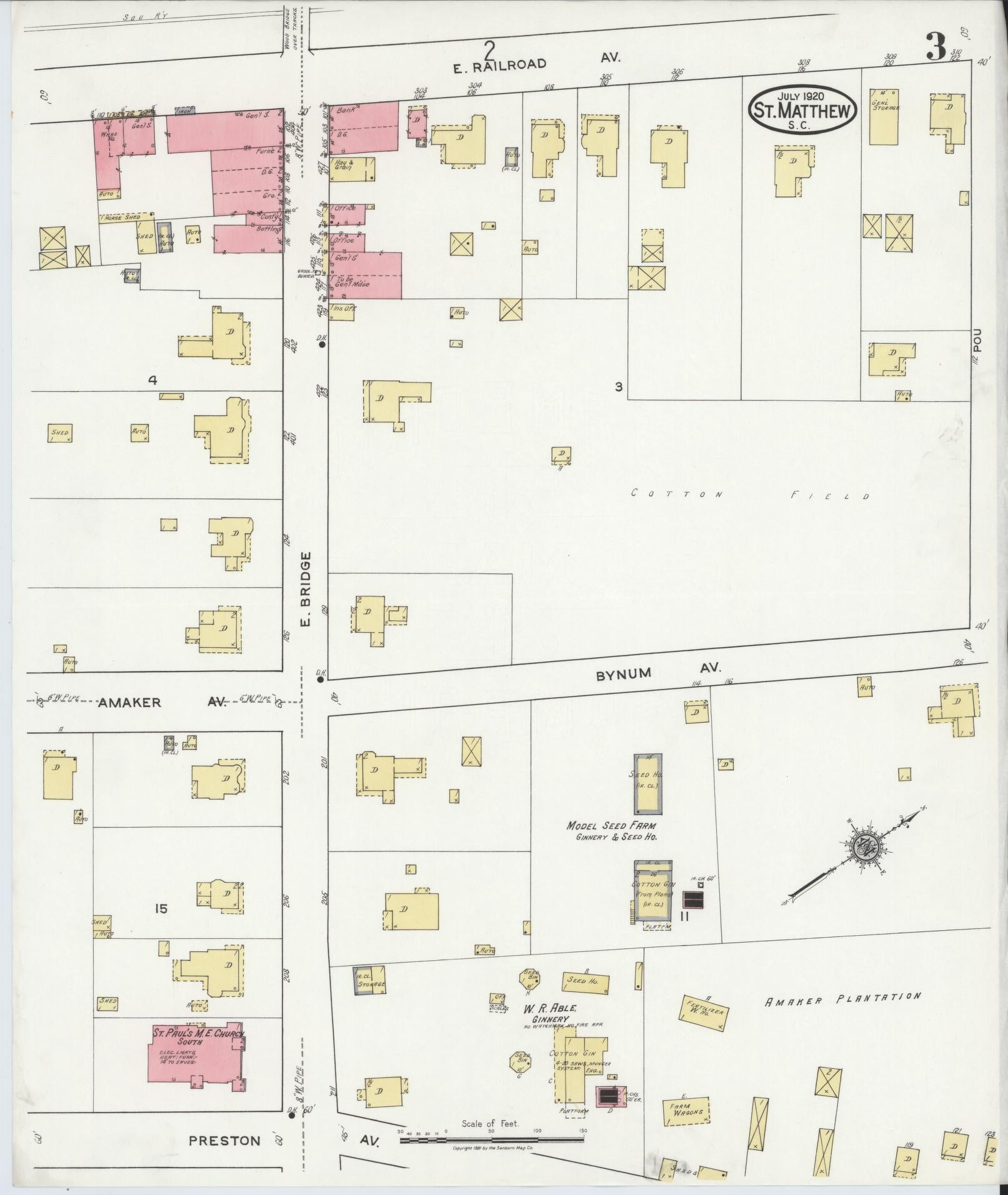 Sanborn Fire Insurance Map from Saint Matthews, Calhoun County, South Carolina (1920), Sheet #0003 - Historic Sanborn Fire Insurance Map Print, vintage old map wall art, antique decor, genealogy gift, South Carolina South Carolina map