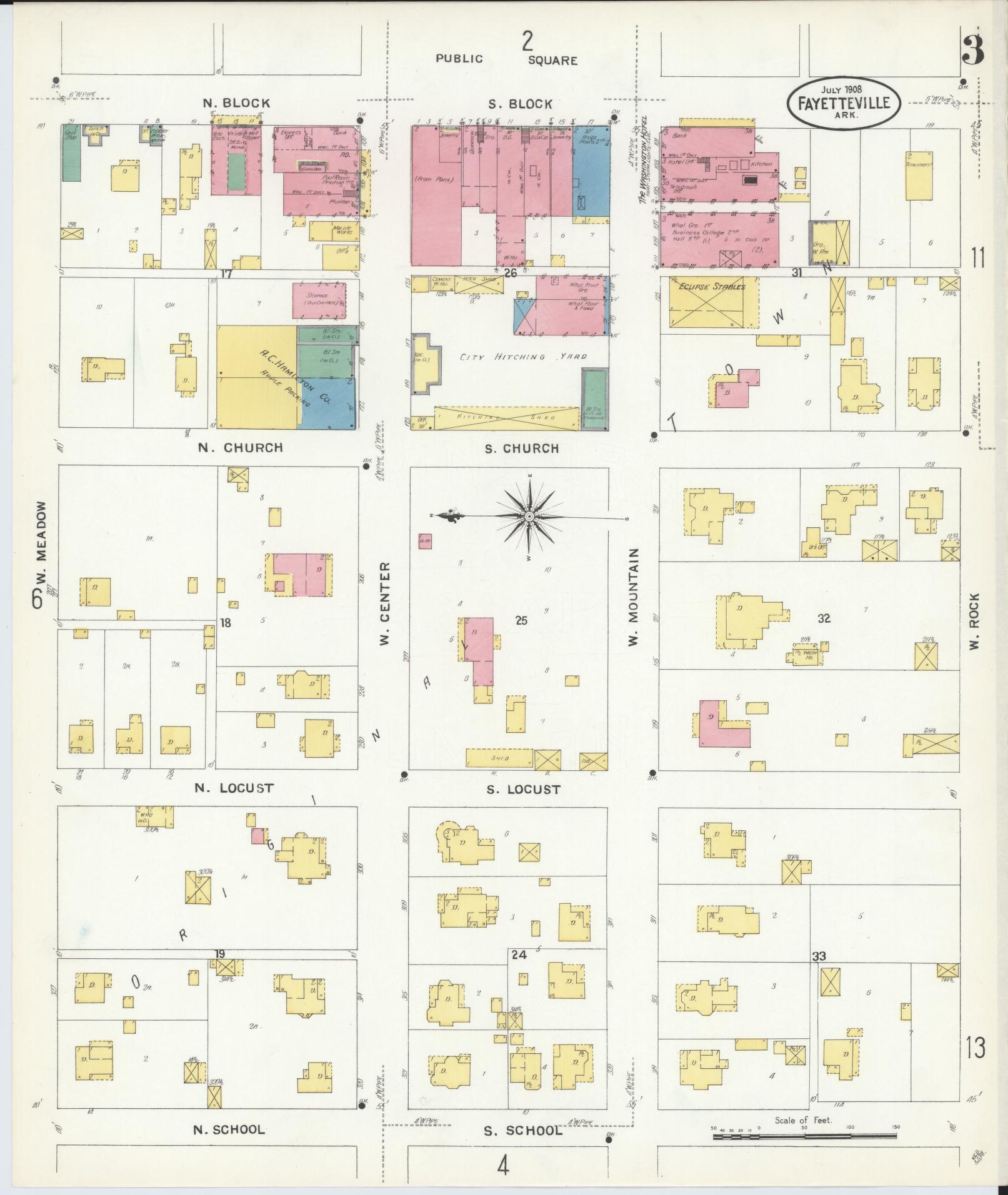 Sanborn Fire Insurance Map from Fayetteville, Washington County, Arkansas (1908), Sheet #0003 - Complete Map Set gallery image, historic Sanborn map, vintage wall art, Arkansas Arkansas