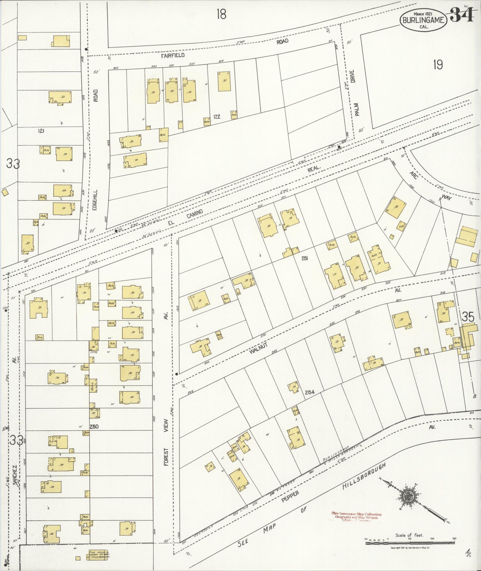 Sanborn Fire Insurance Map from Burlingame, San Mateo County, California (1921), Sheet #0034 - Complete Map Set gallery image, historic Sanborn map, vintage wall art, California California