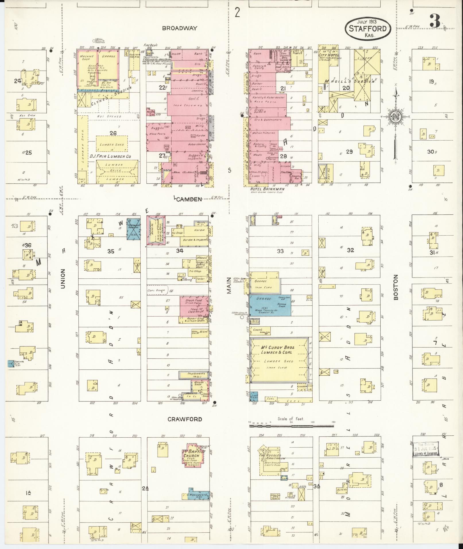 Sanborn Fire Insurance Map from Stafford, Stafford County, Kansas (1913), Sheet #0003 - Historic Sanborn Fire Insurance Map Print, vintage old map wall art, antique decor, genealogy gift, Kansas Kansas map