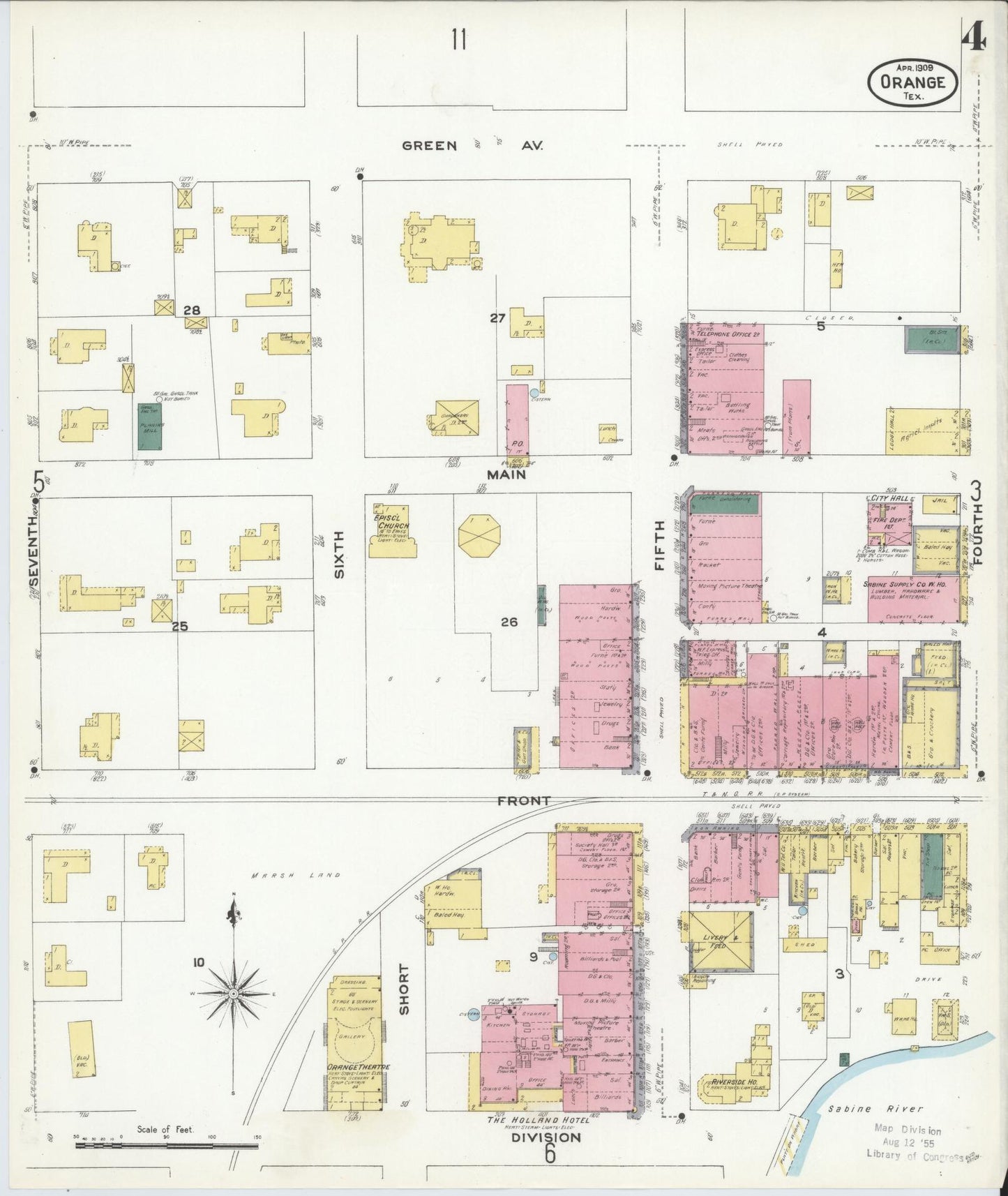Sanborn Fire Insurance Map from Orange, Orange County, Texas (1909), Sheet #0004 - Historic Sanborn Fire Insurance Map Print, vintage old map wall art, antique decor, genealogy gift, Texas Texas map