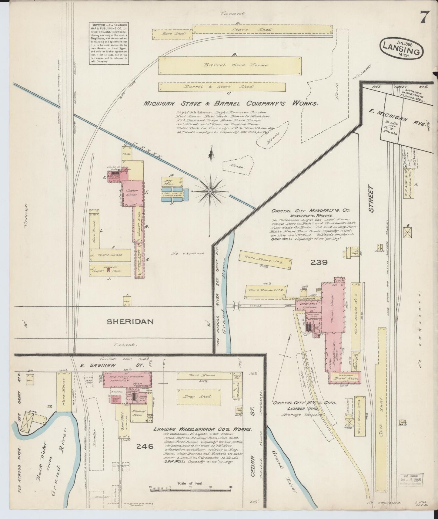 Sanborn Fire Insurance Map from Lansing, Ingham County, Michigan (1885), Sheet #0007 - Historic Sanborn Fire Insurance Map Print, vintage old map wall art, antique decor, genealogy gift, Michigan Michigan map