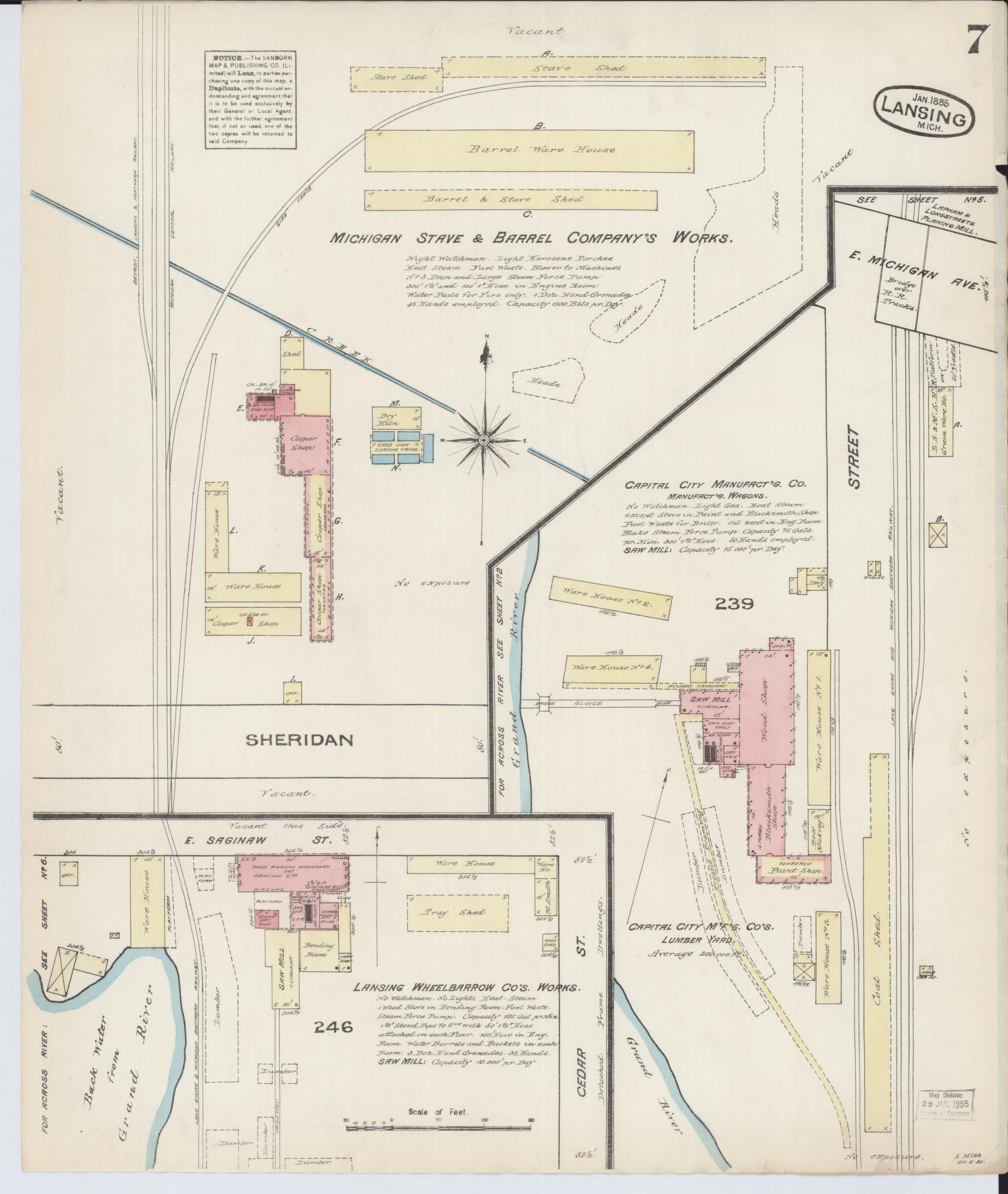 Sanborn Fire Insurance Map from Lansing, Ingham County, Michigan (1885), Sheet #0007 - Historic Sanborn Fire Insurance Map Print, vintage old map wall art, antique decor, genealogy gift, Michigan Michigan map