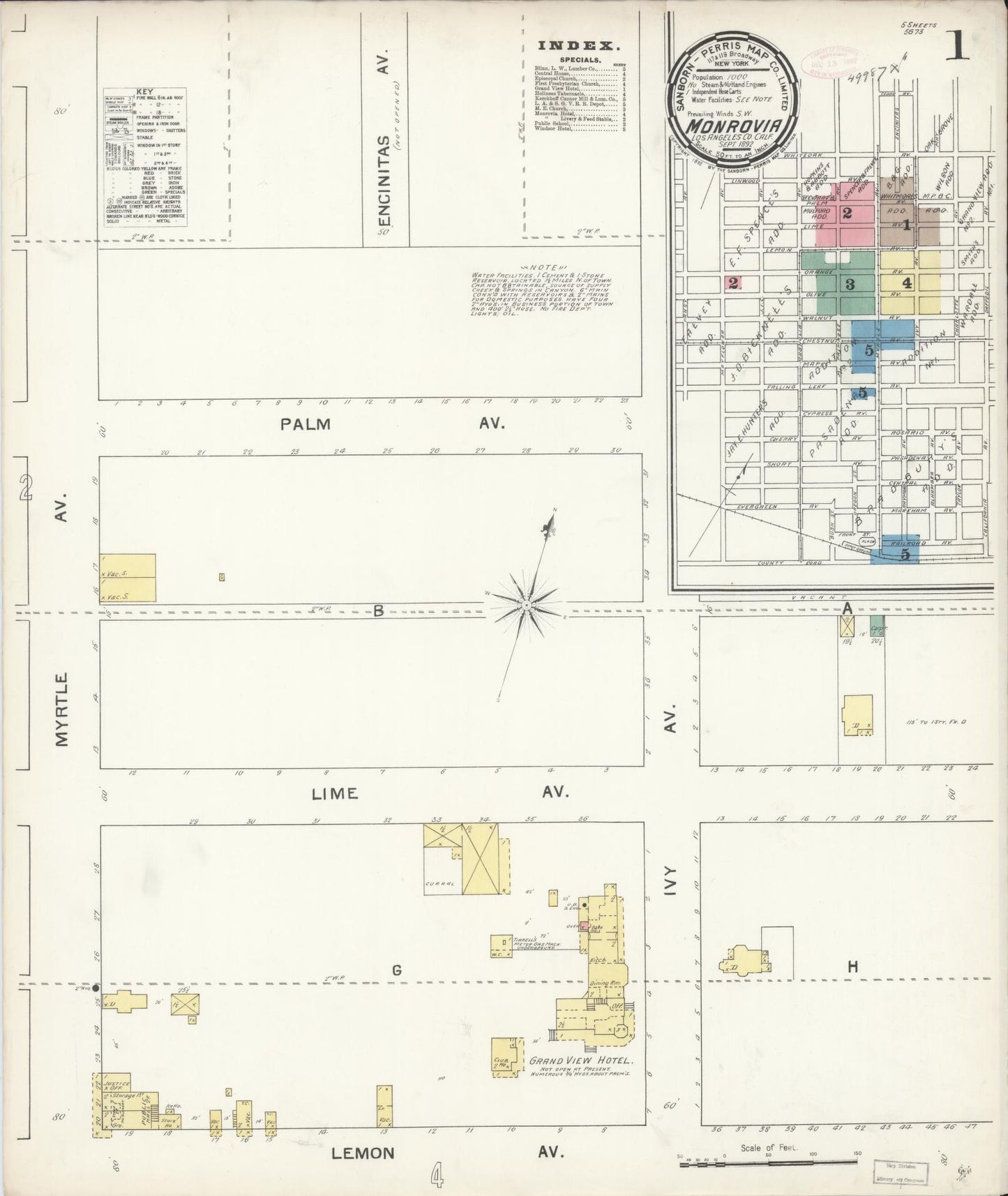 Sanborn Fire Insurance Map from Monrovia, Los Angeles County, California (1892), Sheet #0001 - Complete Map Set gallery image, historic Sanborn map, vintage wall art, California California
