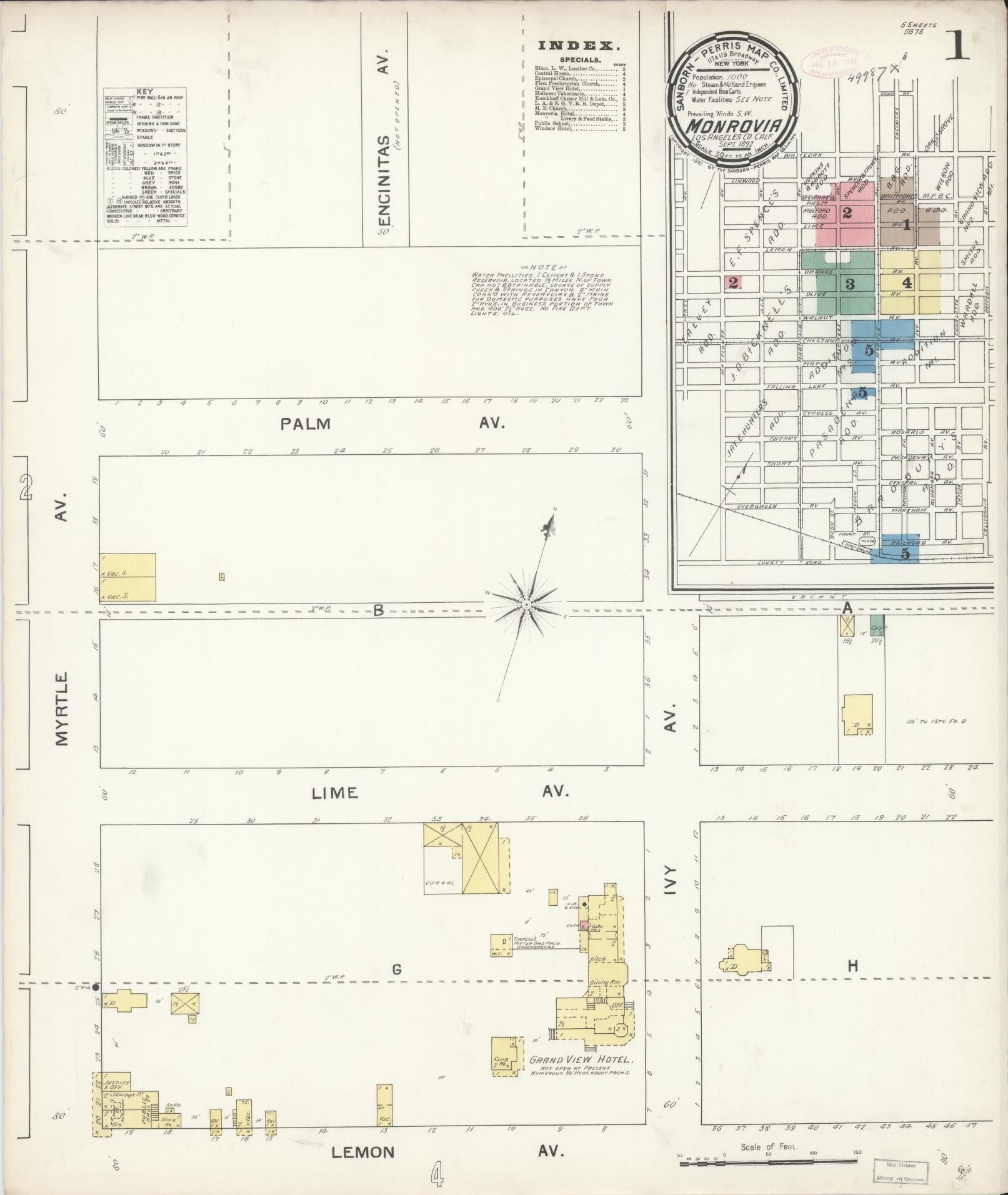 Sanborn Fire Insurance Map from Monrovia, Los Angeles County, California (1892), Sheet #0001 - Complete Map Set gallery image, historic Sanborn map, vintage wall art, California California