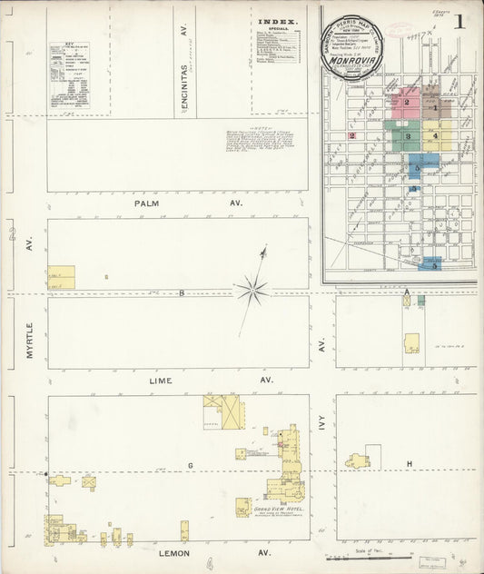 Sanborn Fire Insurance Map from Monrovia, Los Angeles County, California (1892), Sheet #0001 - Complete Map Set gallery image, historic Sanborn map, vintage wall art, California California