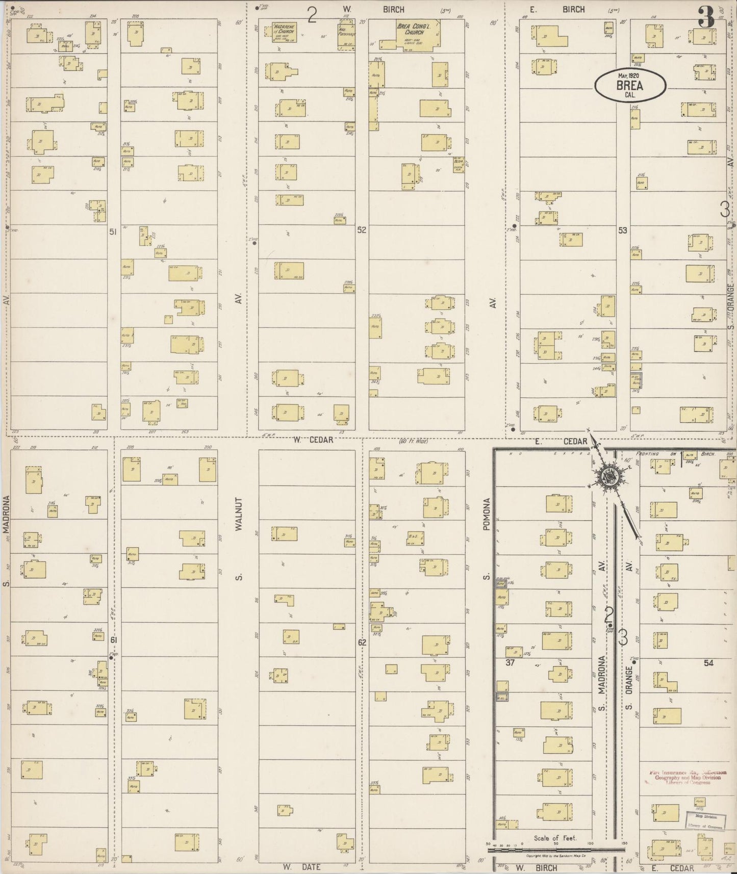 Sanborn Fire Insurance Map from Brea, Orange County, California (1920), Sheet #0003 - Historic Sanborn Fire Insurance Map Print, vintage old map wall art, antique decor, genealogy gift, California California map