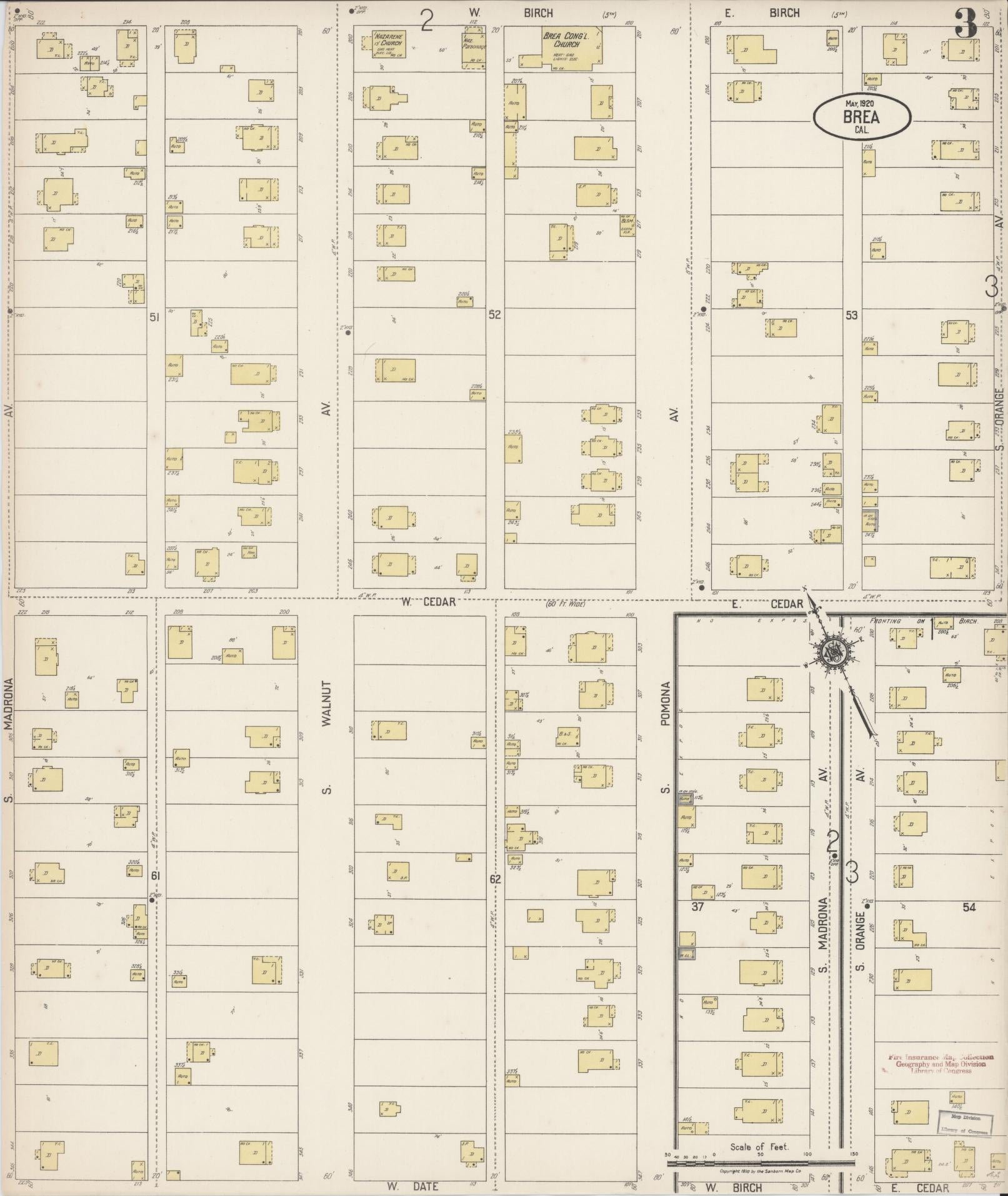 Sanborn Fire Insurance Map from Brea, Orange County, California (1920), Sheet #0003 - Historic Sanborn Fire Insurance Map Print, vintage old map wall art, antique decor, genealogy gift, California California map