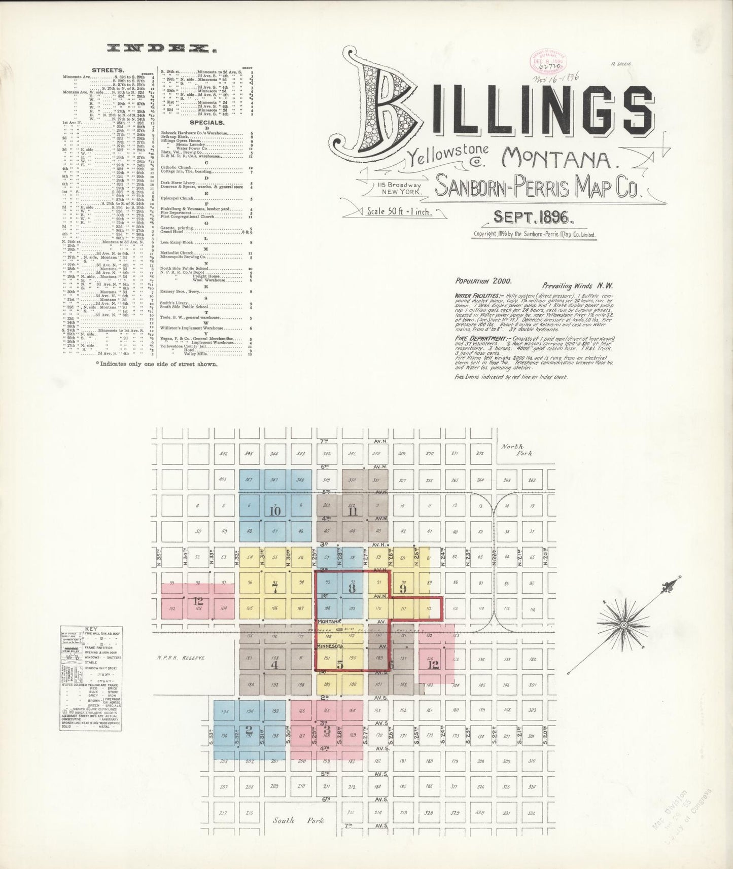 Sanborn Fire Insurance Map from Billings, Yellowstone County, Montana (1896), Sheet #0001 - Historic Sanborn Fire Insurance Map Print, vintage old map wall art, antique decor, genealogy gift, Montana Montana map