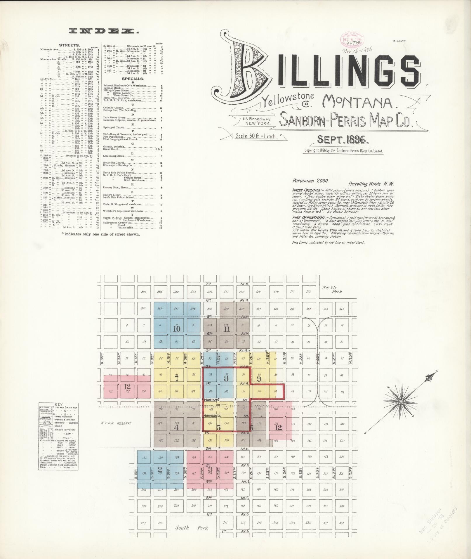 Sanborn Fire Insurance Map from Billings, Yellowstone County, Montana (1896), Sheet #0001 - Historic Sanborn Fire Insurance Map Print, vintage old map wall art, antique decor, genealogy gift, Montana Montana map